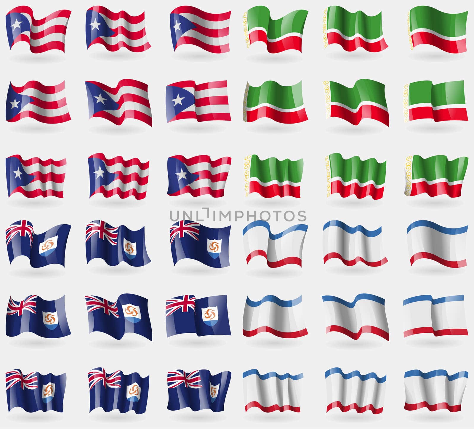 Puerto Rico, Chechen Republic, Anguilla, Crimea. Set of 36 flags of the countries of the world. illustration