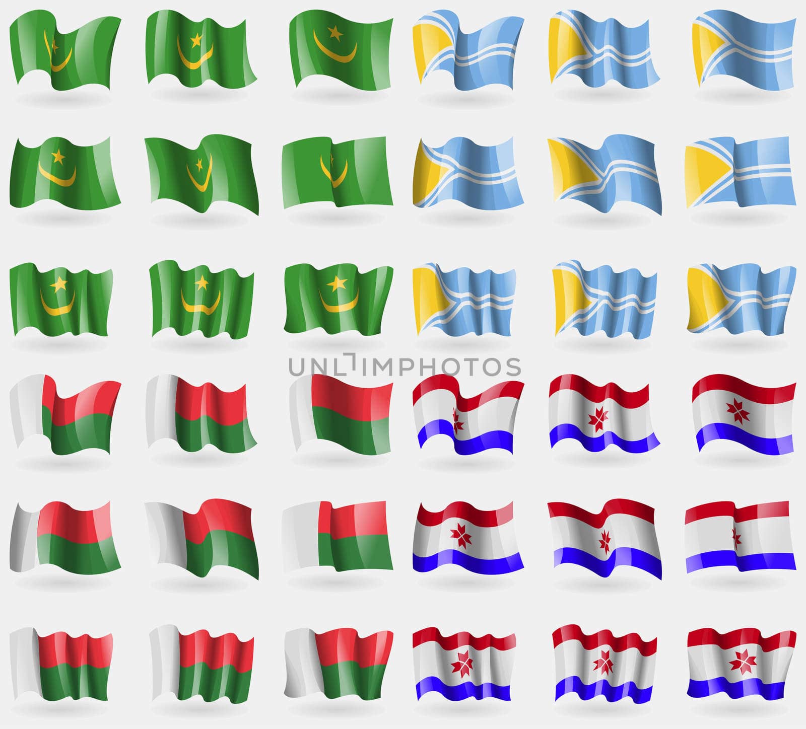 Mauritania, Tuva, Madagascar, Mordovia. Set of 36 flags of the countries of the world. illustration