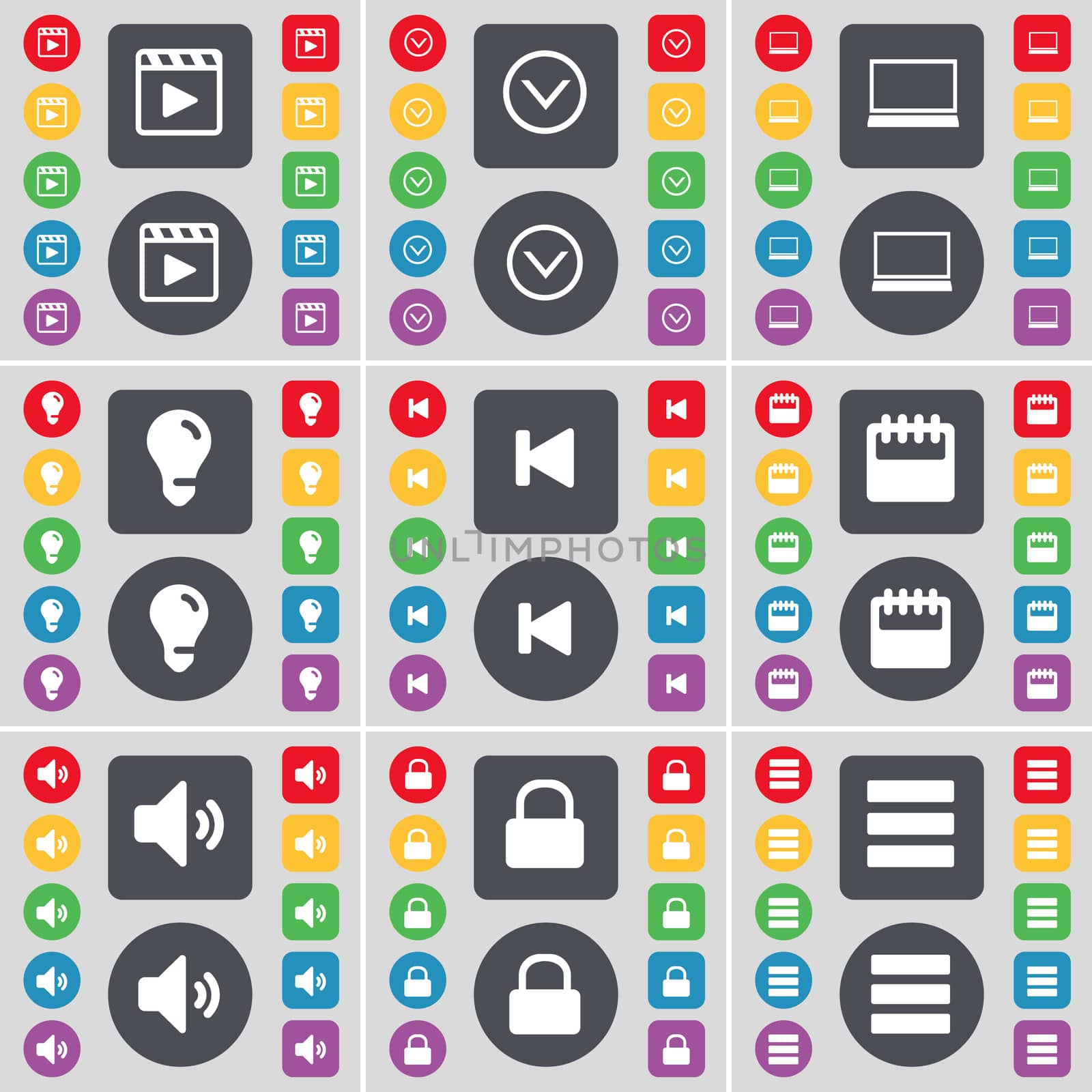 Media player, Arrow down, Laptop, Light bulb, Media skip, Calendar, Sound, Lock, Apps icon symbol. A large set of flat, colored buttons for your design.  by serhii_lohvyniuk