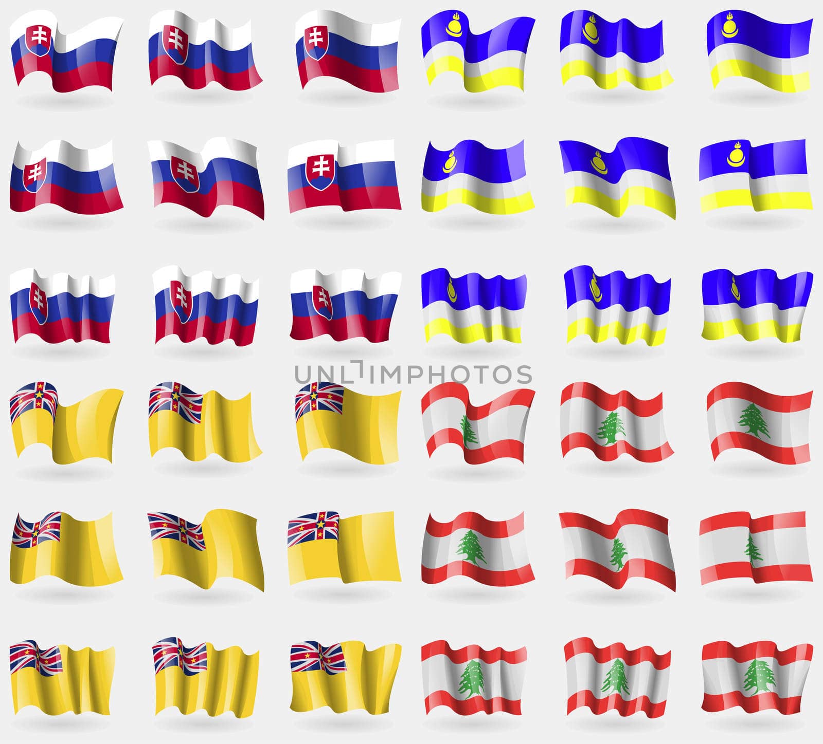 Slovakia, Buryatia, Niue, Lebanon. Set of 36 flags of the countries of the world.  by serhii_lohvyniuk