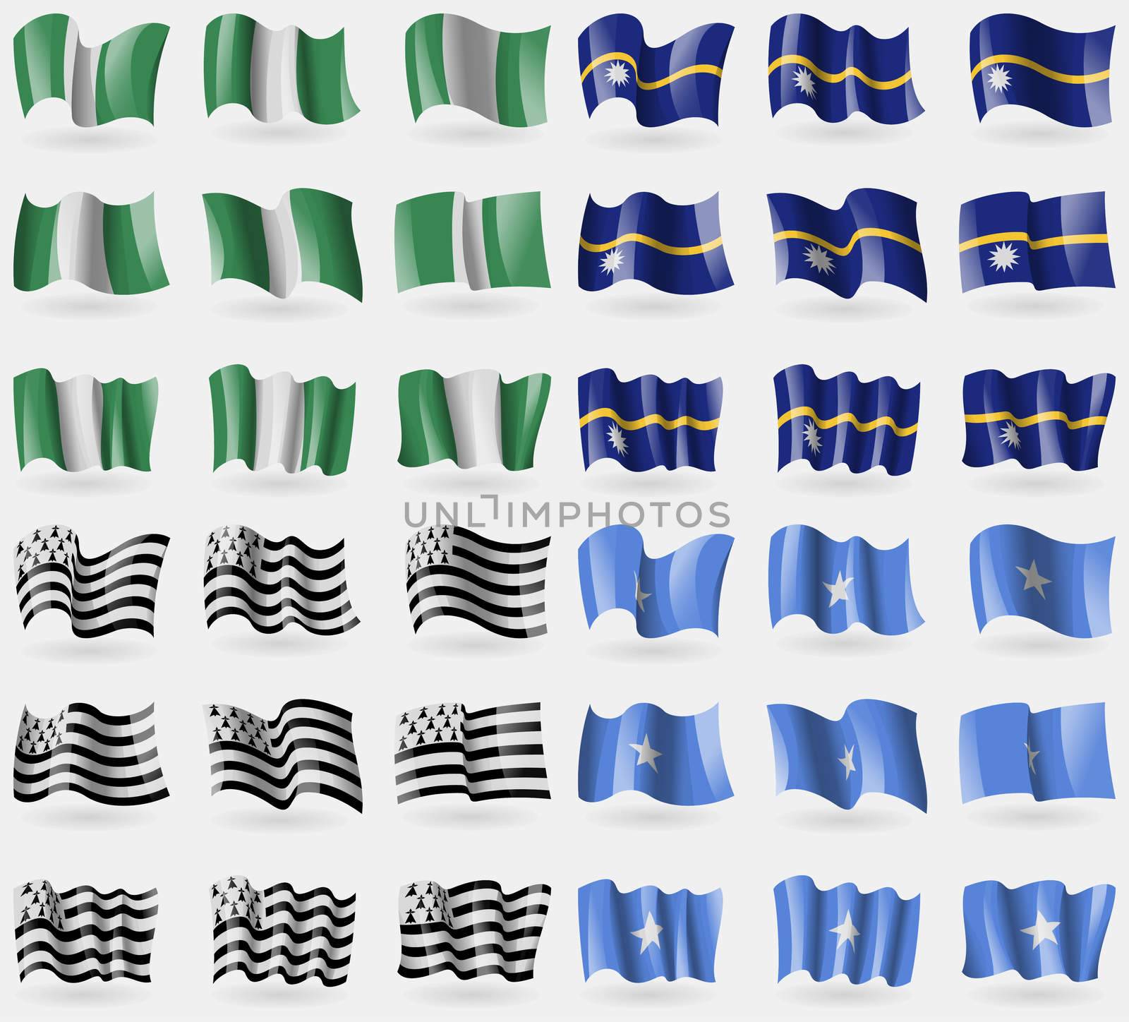 Nigeria, Nauru, Brittany, Somalia. Set of 36 flags of the countries of the world. illustration