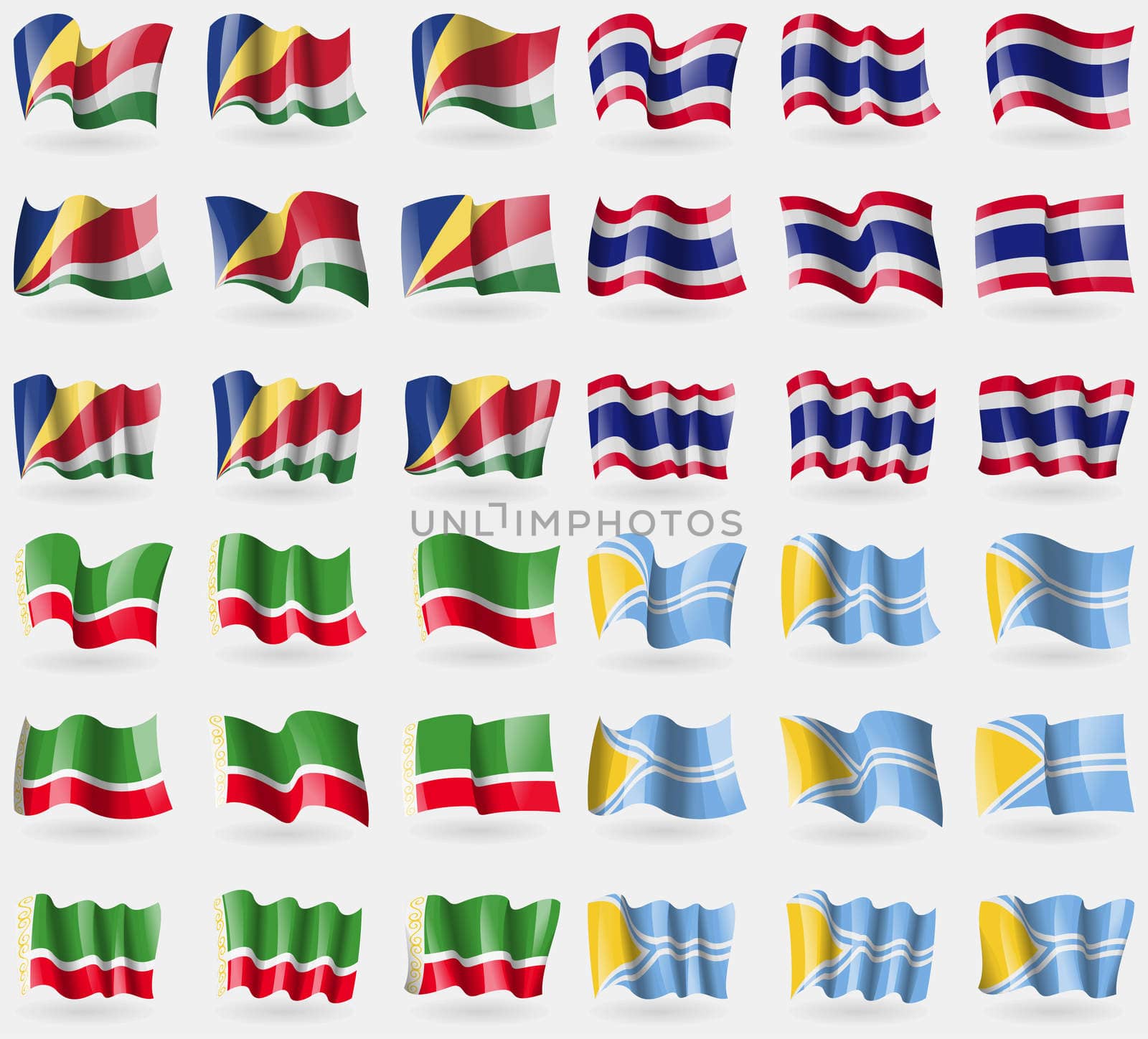 Seychelles, Thailand, Chechen Republic, Tuva. Set of 36 flags of the countries of the world.  by serhii_lohvyniuk