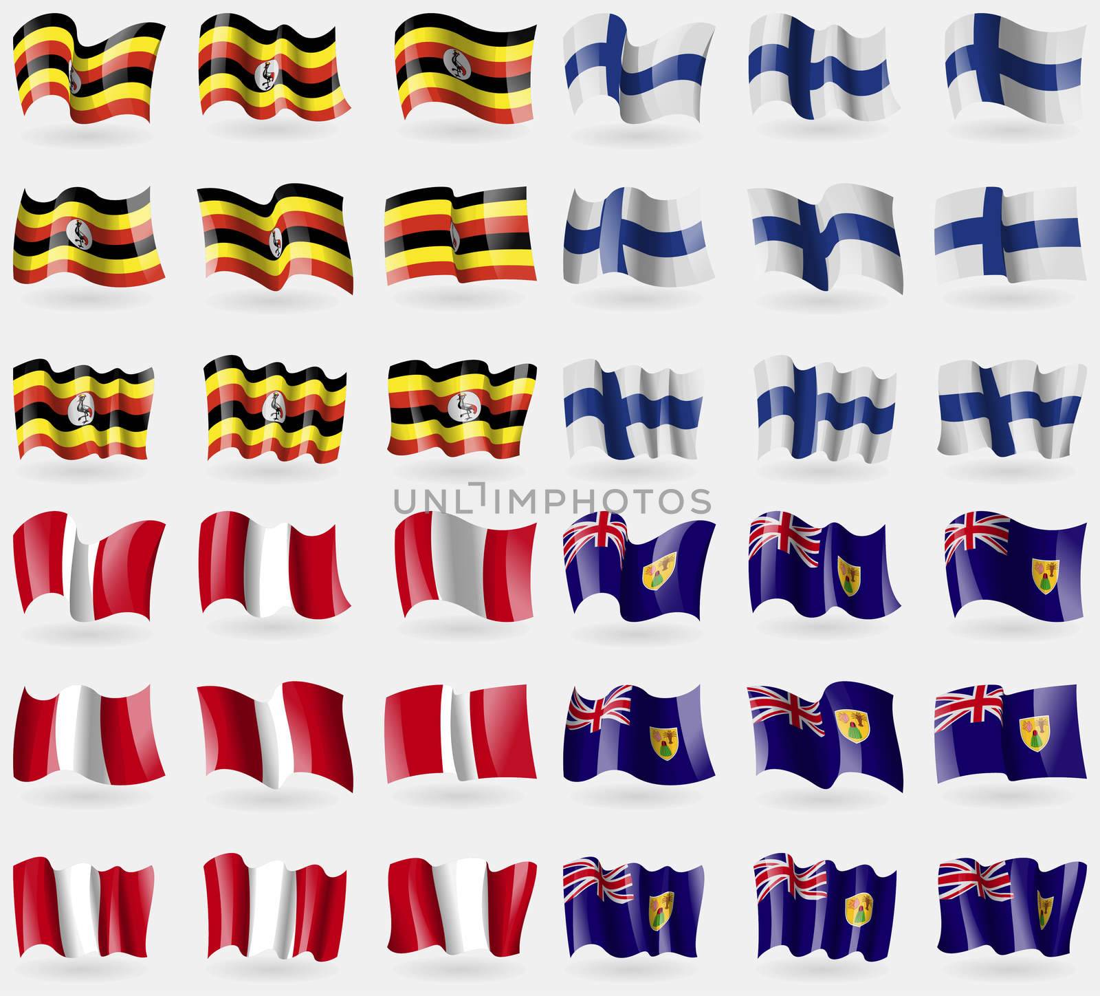 Uganda, Finland, Peru, Turks and Caicos. Set of 36 flags of the countries of the world. illustration