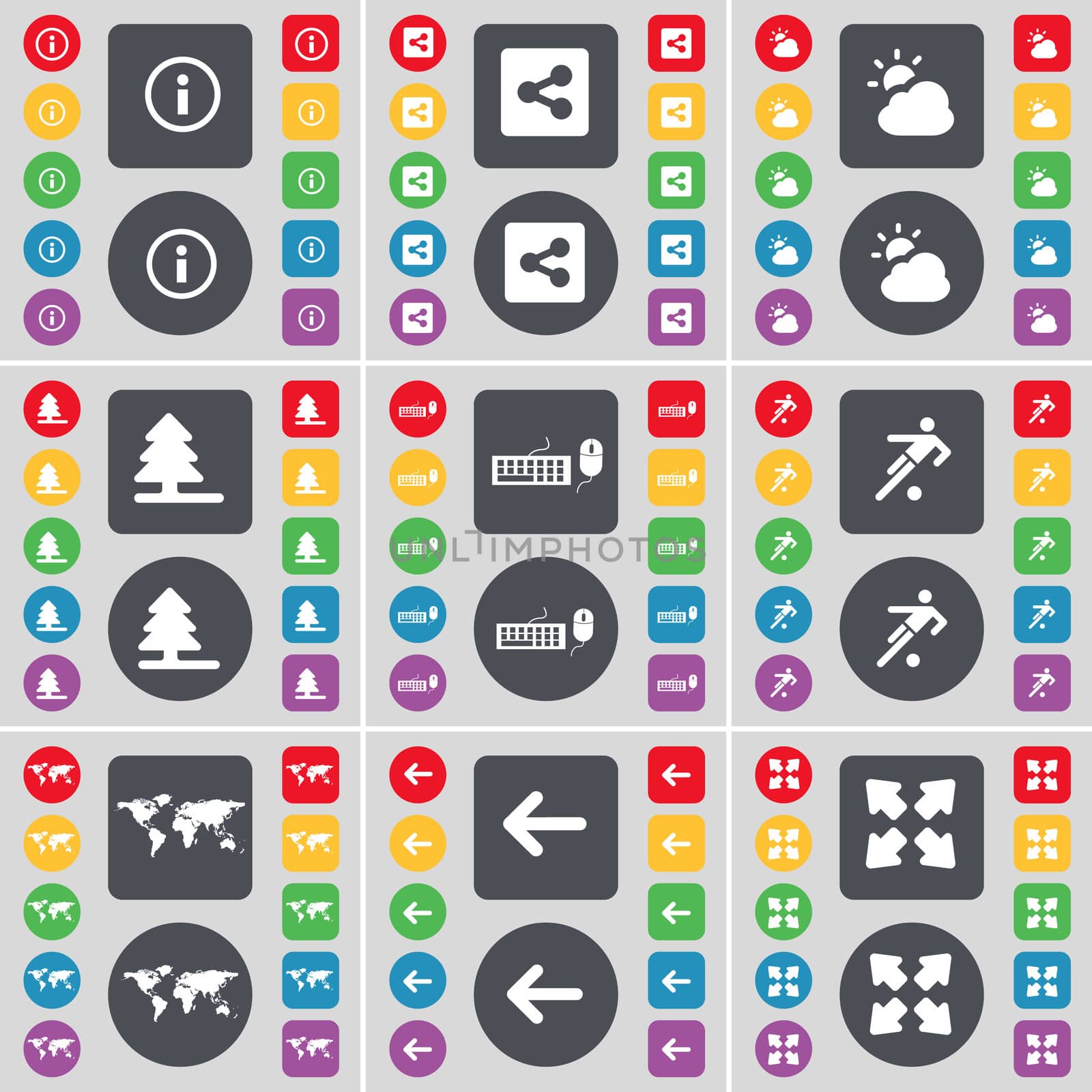 Information mark, Share, Cloud, Firtree, Keyboard, Football, Globe, Arrow left, Full screen icon symbol. A large set of flat, colored buttons for your design. illustration
