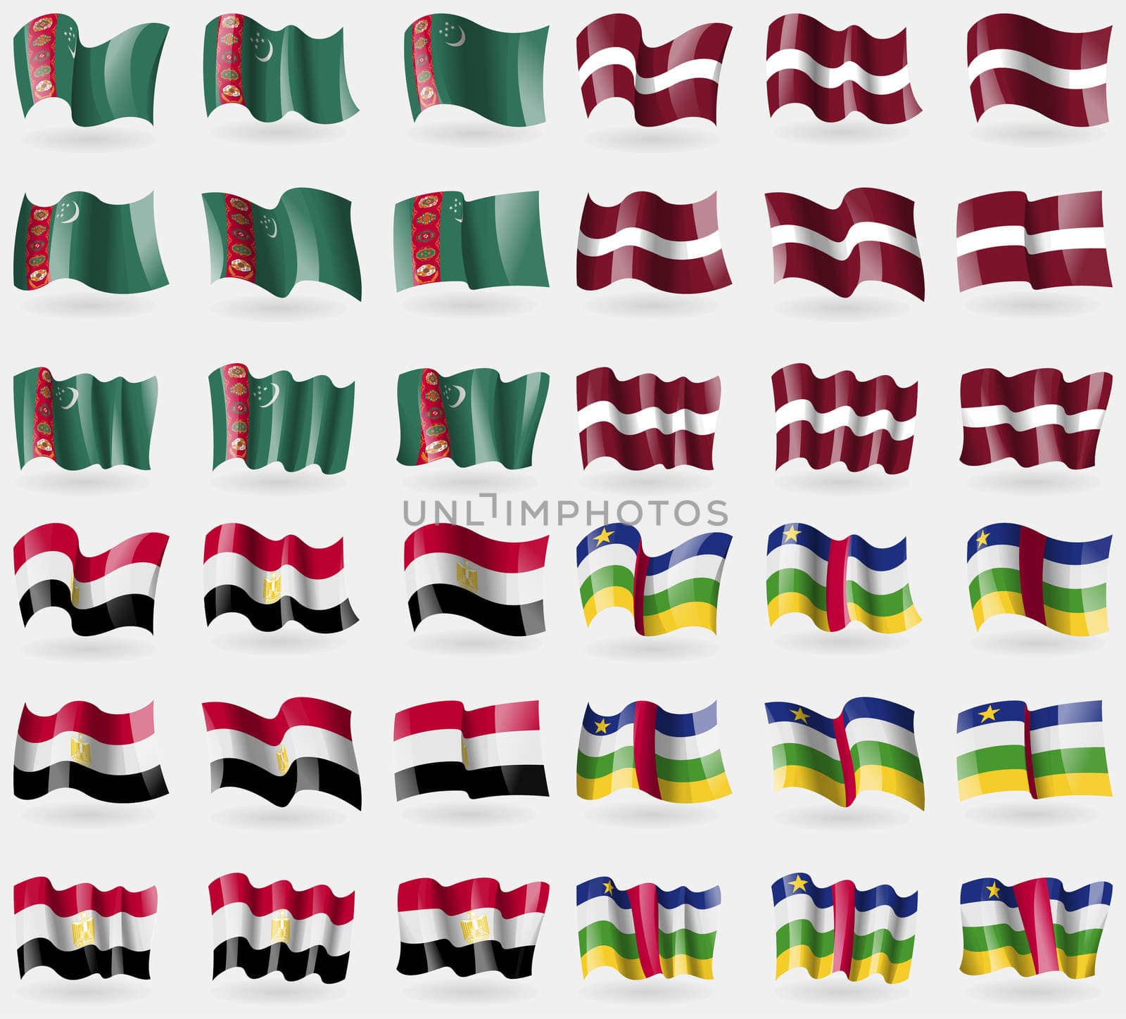 Turkmenistan, Latvia, Egypt, Central African Republic. Set of 36 flags of the countries of the world.  by serhii_lohvyniuk