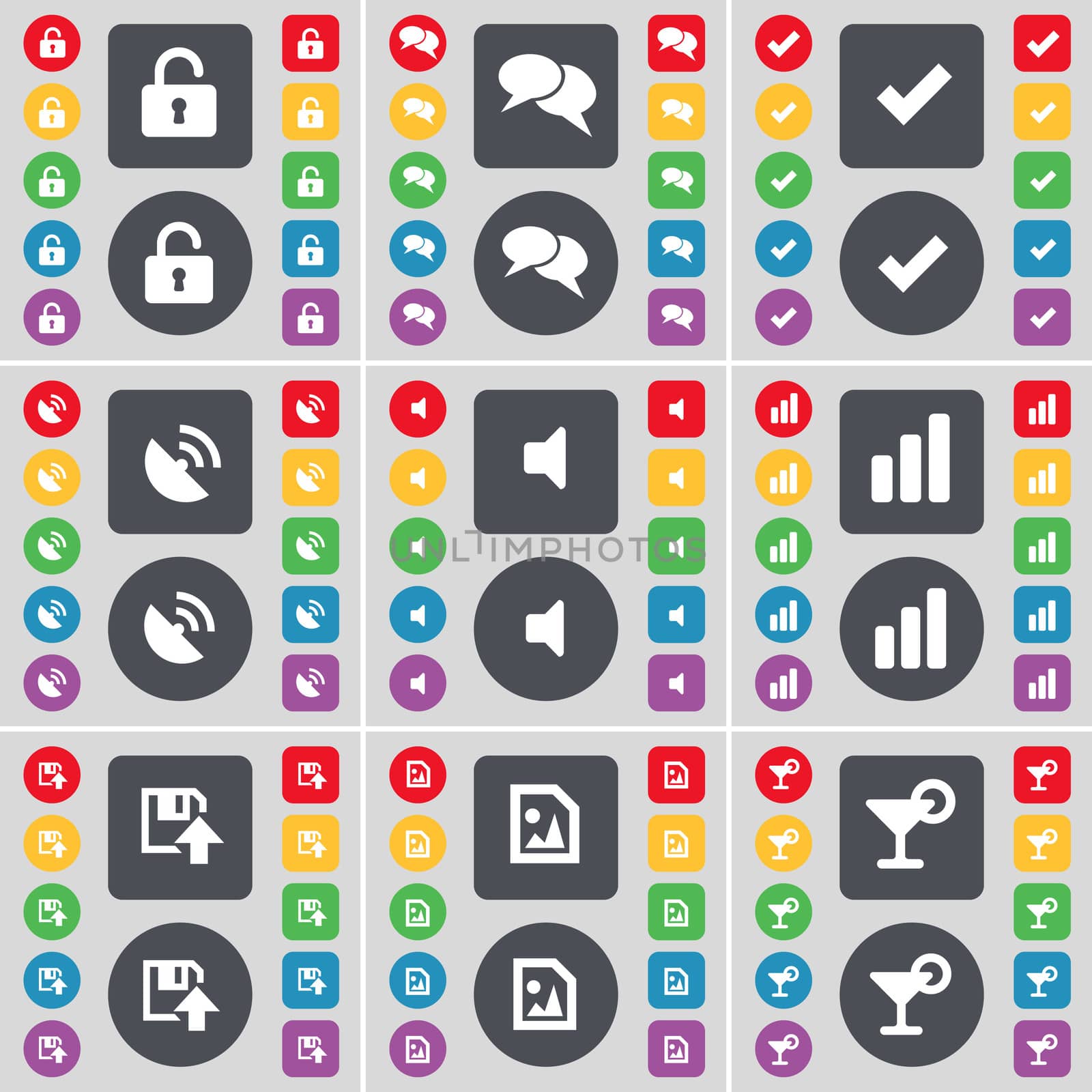 Lock, Chat, Tick, Satellite dish, Sound, Diagram, Floppy, Media file, Cocktail icon symbol. A large set of flat, colored buttons for your design.  by serhii_lohvyniuk