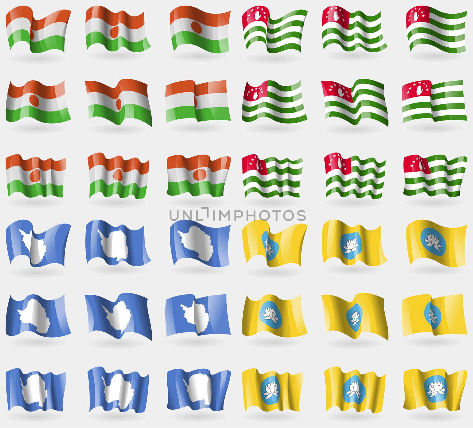 Niger, Abkhazia, Antarctica, Kalmykia. Set of 36 flags of the countries of the world. illustration