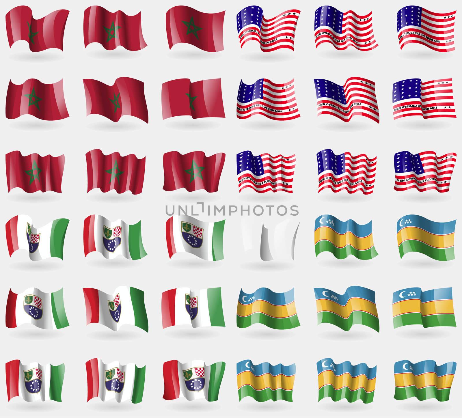 Morocco, Bikini Atoll, Bosnia and Herzegovina Federation, Karakalpakstan. Set of 36 flags of the countries of the world.  by serhii_lohvyniuk