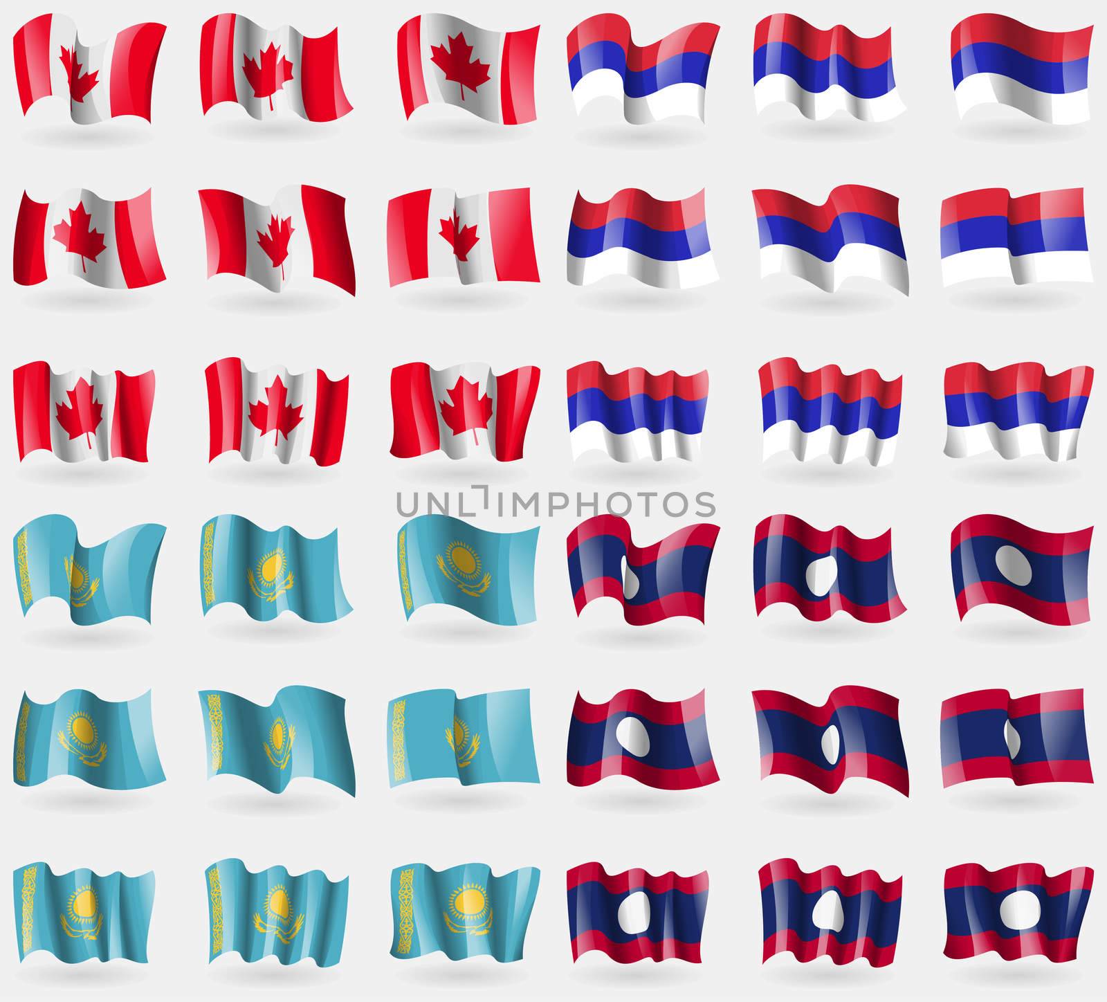 Canada, Republic, Kazakhstan, Laos. Set of 36 flags of the countries of the world. illustration