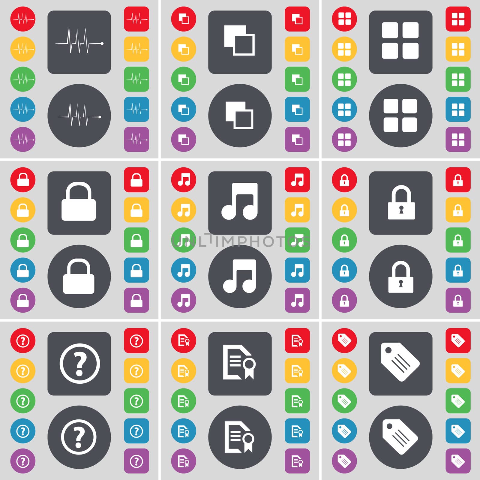 Pulse, Copy, Apps, Lock, Note, Question mark, Text file, Tag icon symbol. A large set of flat, colored buttons for your design. illustration