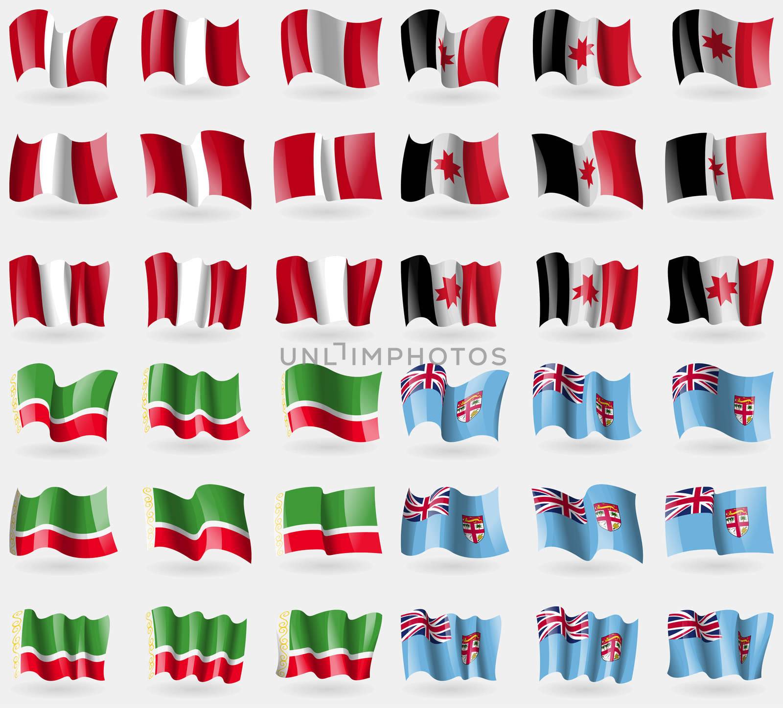 Peru, Udmurtia, Chechen Republic, Fiji. Set of 36 flags of the countries of the world. illustration