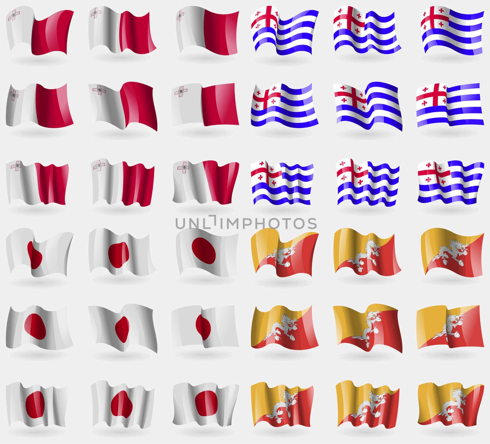 Malta, Ajaria, Japan, Bhutan. Set of 36 flags of the countries of the world. illustration