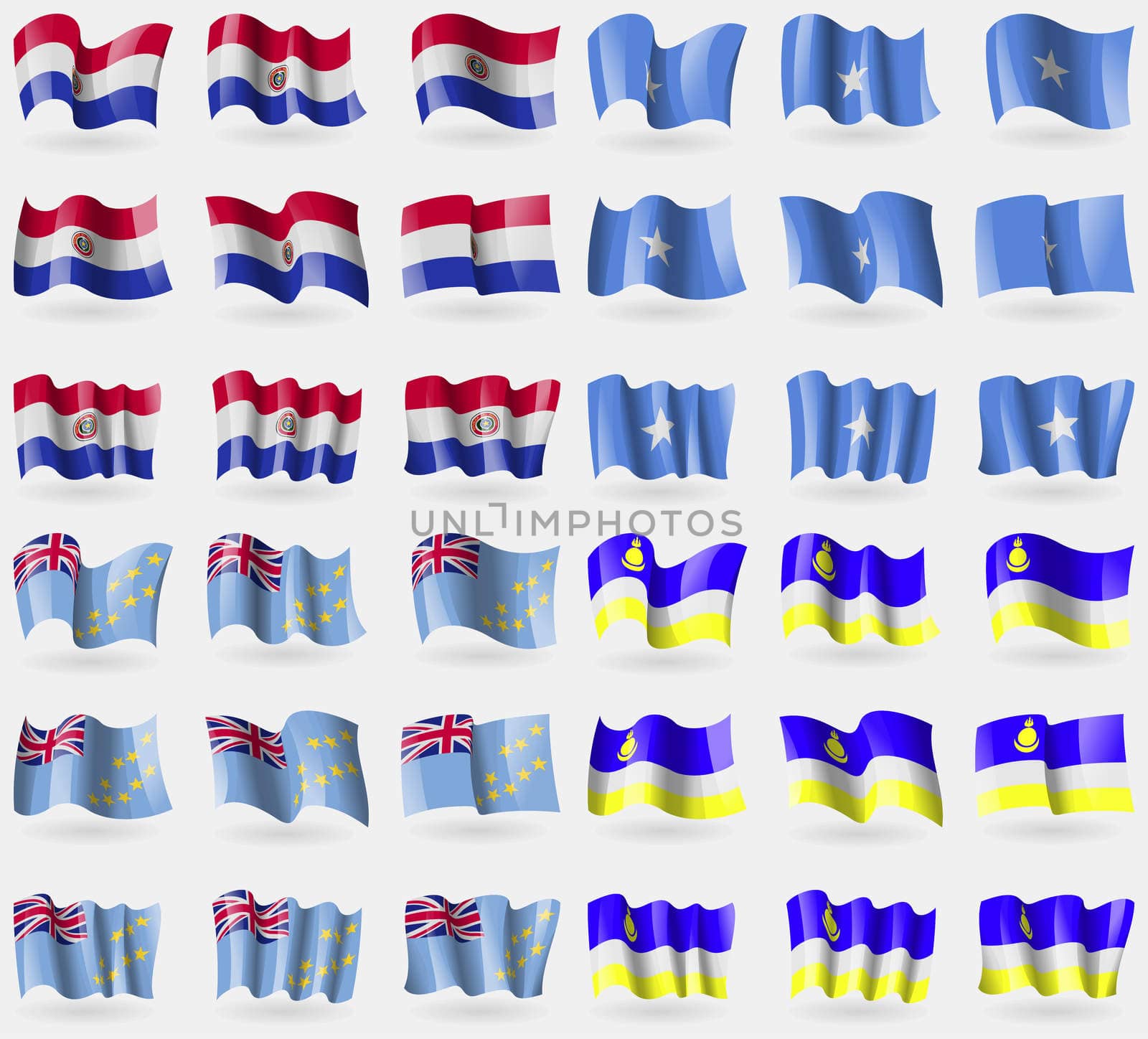 Paraguay, Somalia, Tuvalu, Butyatia. Set of 36 flags of the countries of the world.  by serhii_lohvyniuk