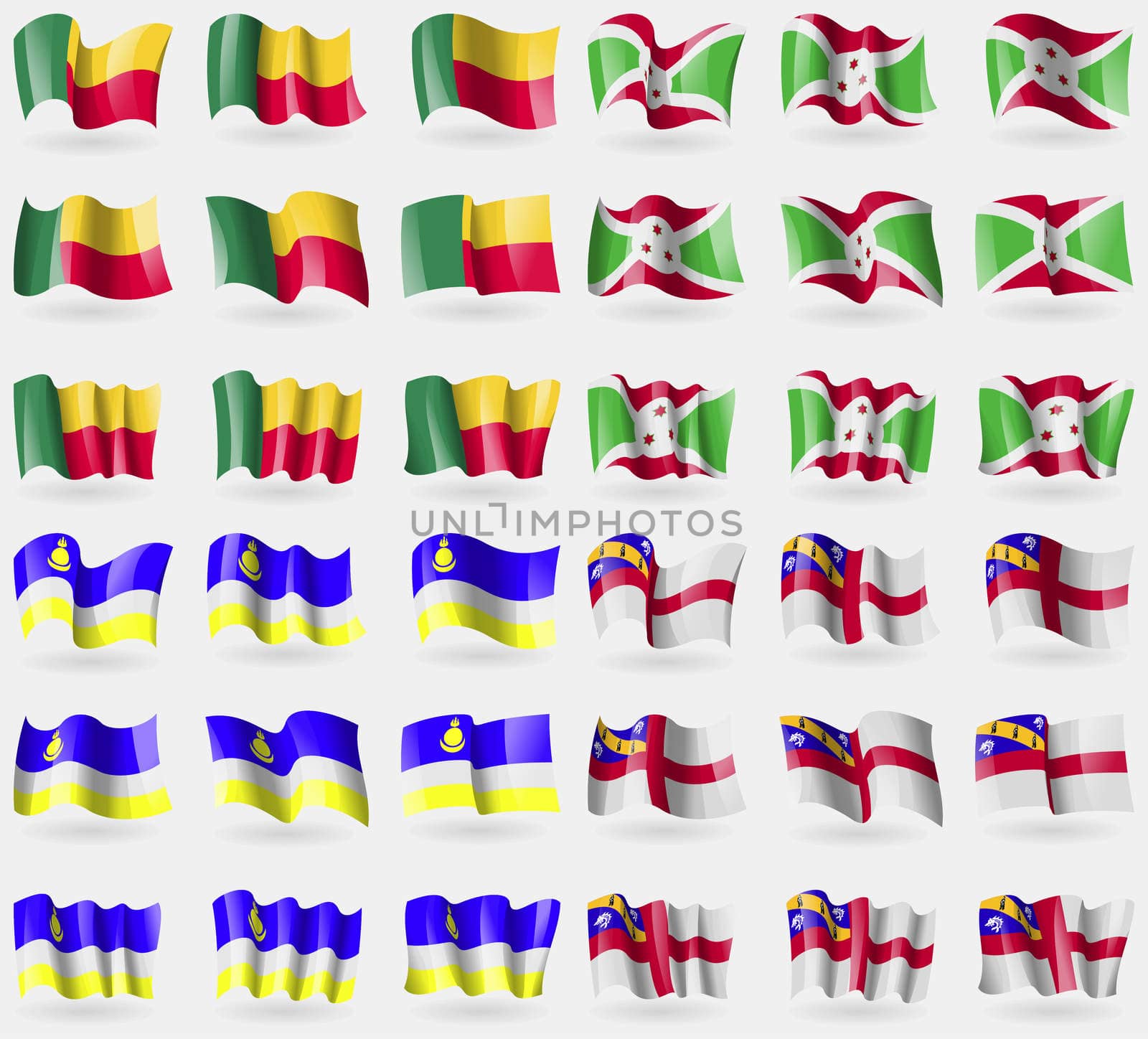 Benin, Burundi, Buryatia, Herm. Set of 36 flags of the countries of the world.  by serhii_lohvyniuk
