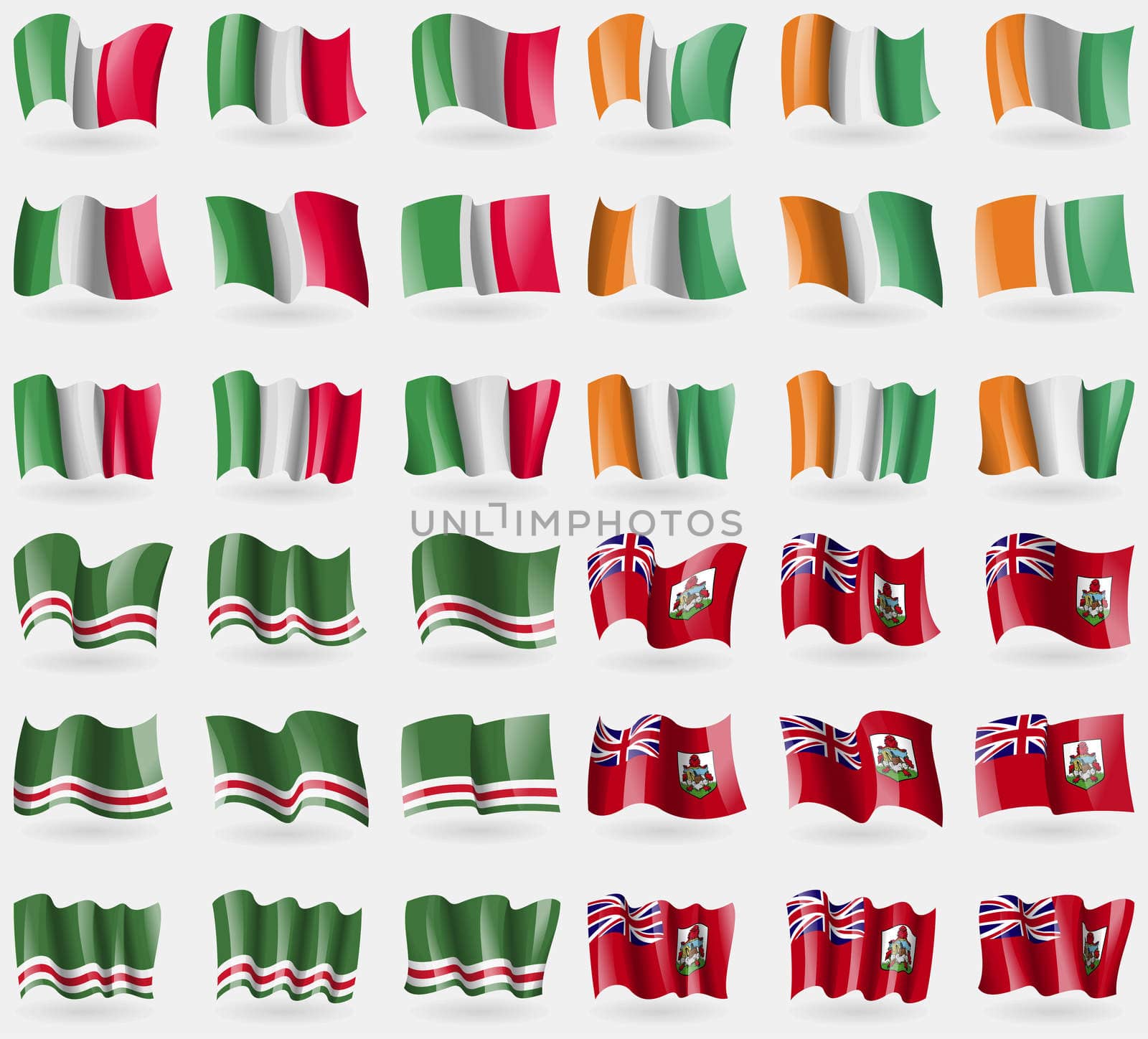 Italy, Cote Divoire, Chechen Republic of Icheria, Bermuda. Set of 36 flags of the countries of the world. illustration