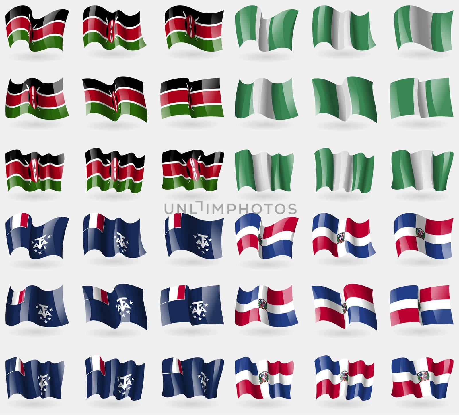 Kenya, Nigeria, French and Antarctic, Dominican Republic. Set of 36 flags of the countries of the world.  by serhii_lohvyniuk