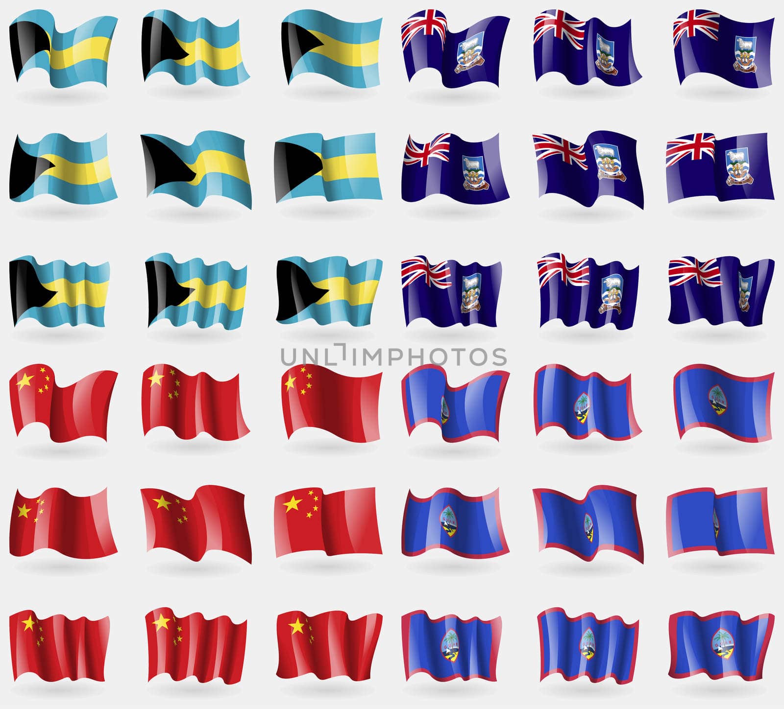 Bahamas, Falkland Islands, China, Guam. Set of 36 flags of the countries of the world. illustration