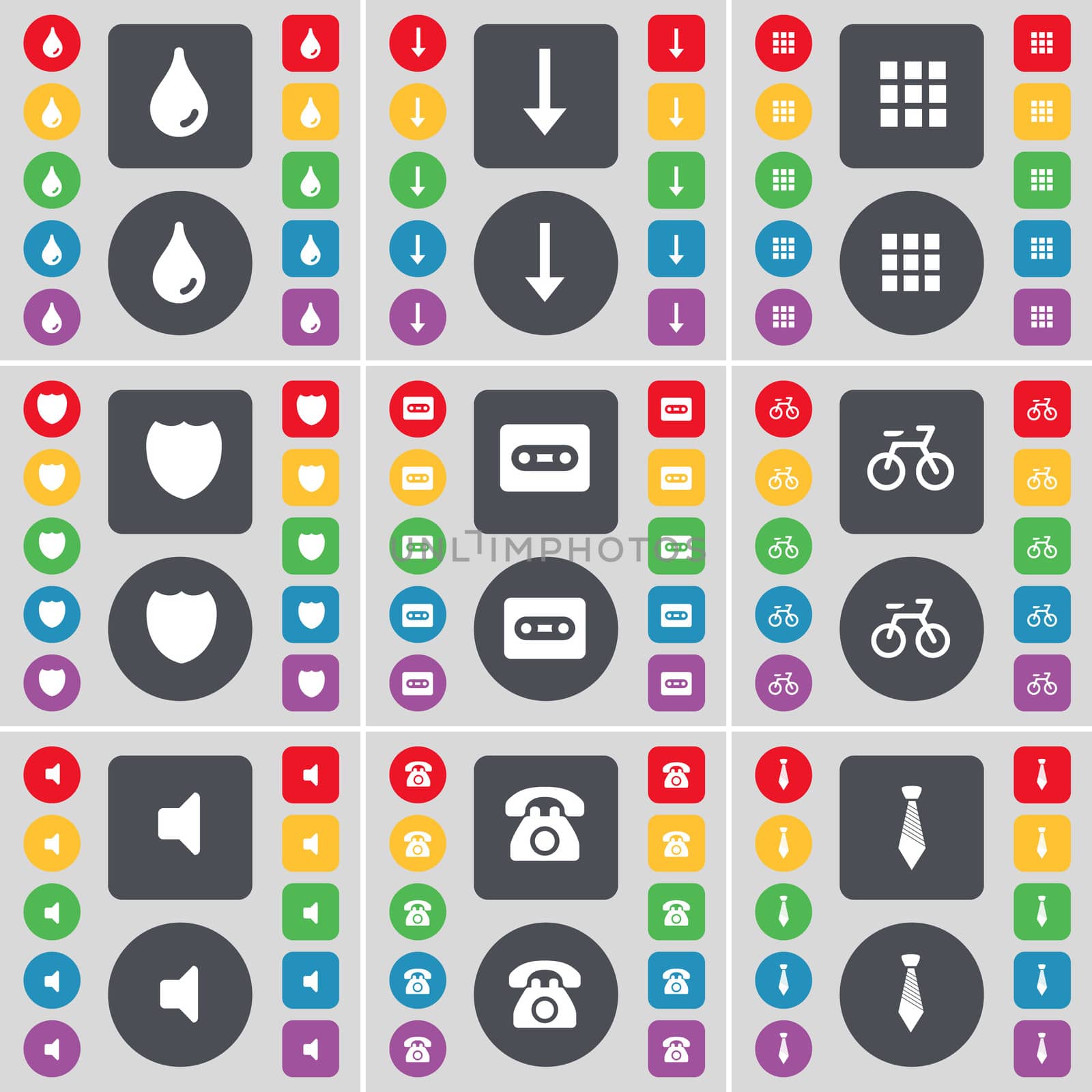Drop, Arrow down, Apps, Badge, Cassette, Bicycle, Sound, Retro phone, Tie icon symbol. A large set of flat, colored buttons for your design.  by serhii_lohvyniuk
