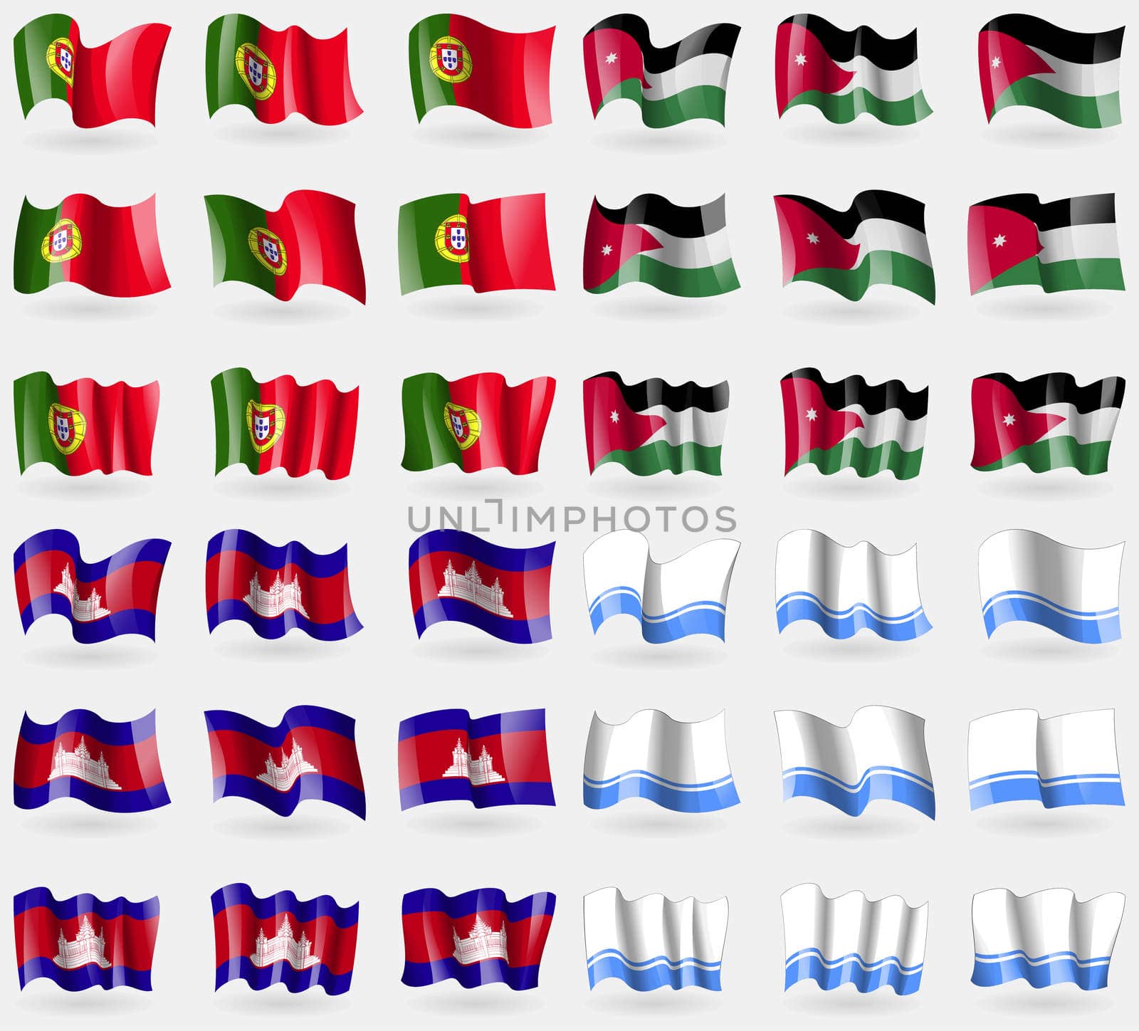 Portugal, Jordan, Cambodia, Altai Republic. Set of 36 flags of the countries of the world. illustration