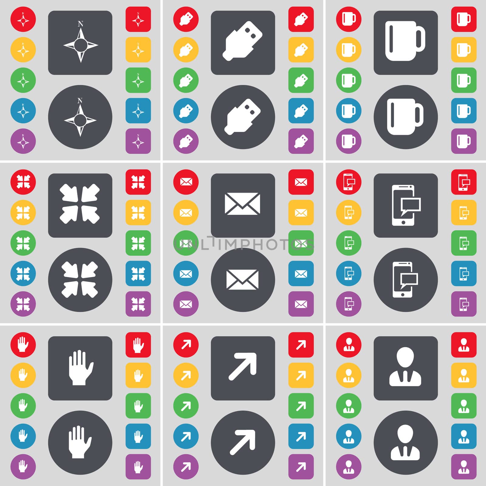Compass, USB, Cup, Deploying screen, Message, SMS, Hand, Full screen, Avatar icon symbol. A large set of flat, colored buttons for your design. illustration
