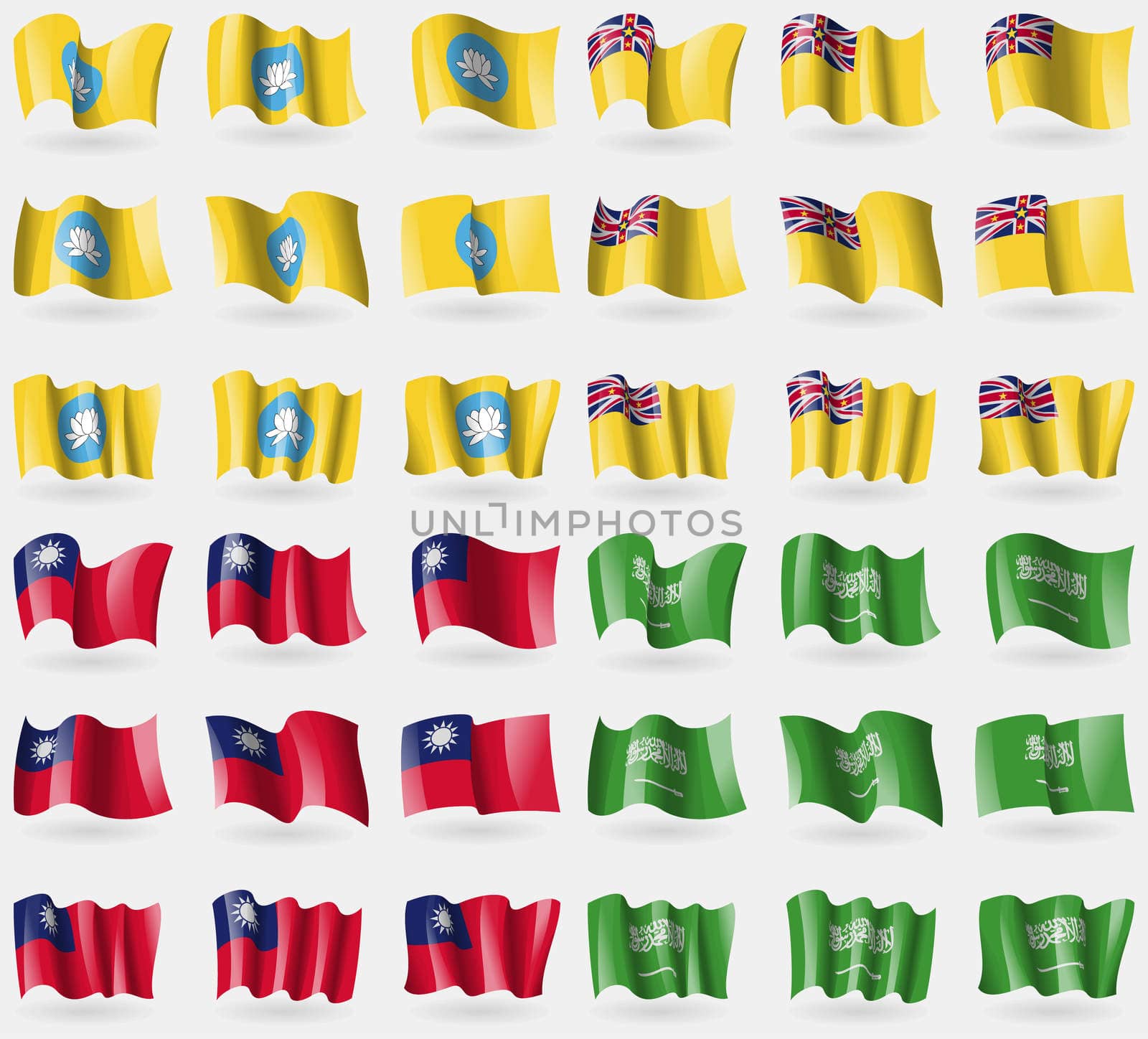 Kalmyikia, Niue, Taiwan, Saudi Arabia. Set of 36 flags of the countries of the world.  by serhii_lohvyniuk