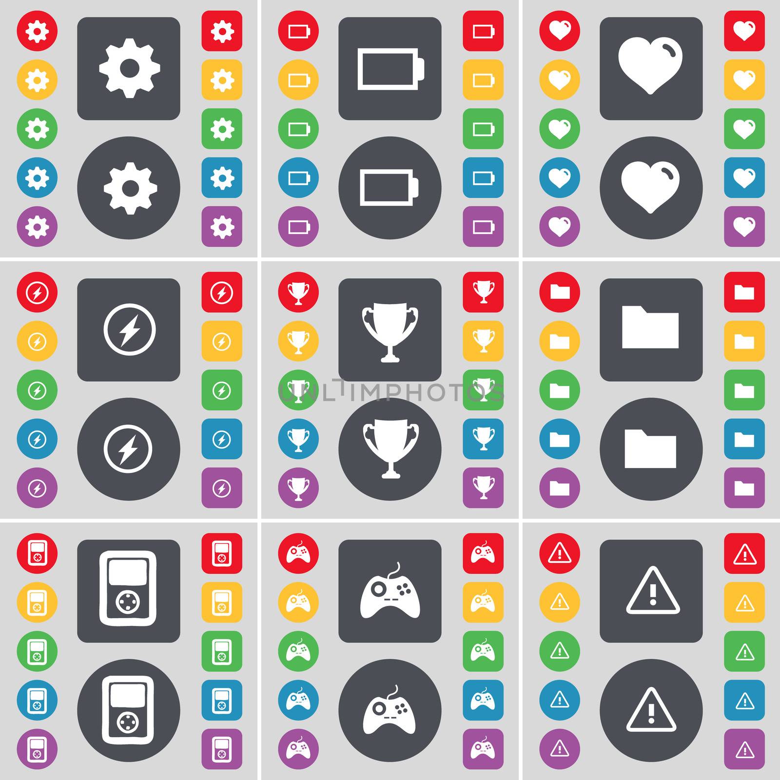 Gear, Battery, Heart, Flash, Cup, Folder, Player, Gamepad, Warning icon symbol. A large set of flat, colored buttons for your design. illustration