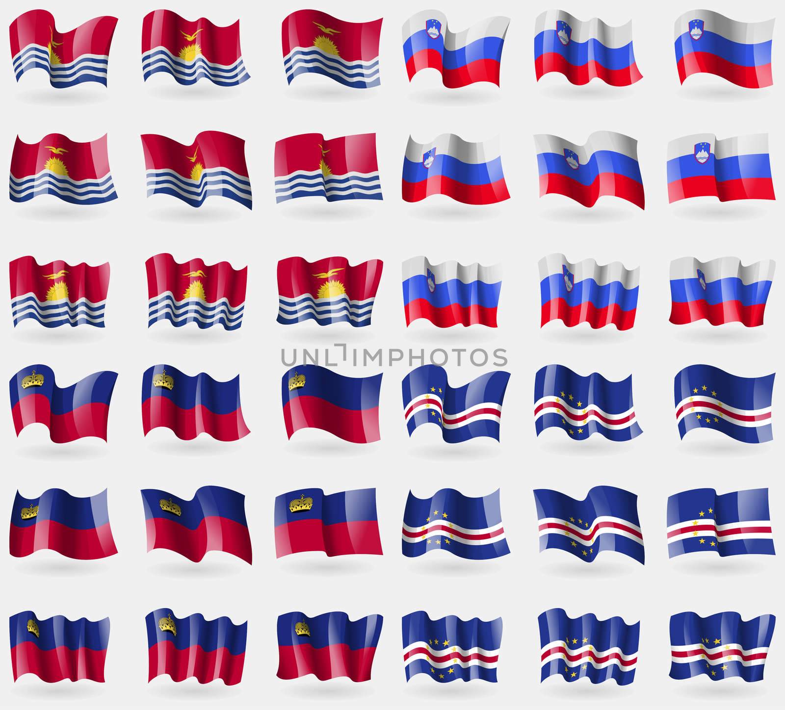 Kiribati, Slovenia, Liechtenstein, Cape Verde. Set of 36 flags of the countries of the world. illustration