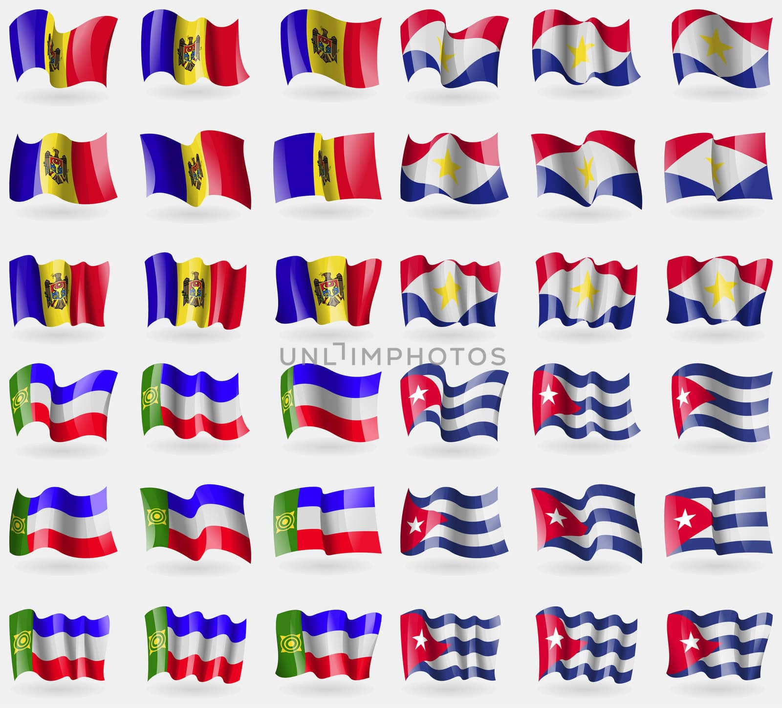 Moldova, Saba, Khakassia, Cuba. Set of 36 flags of the countries of the world. illustration