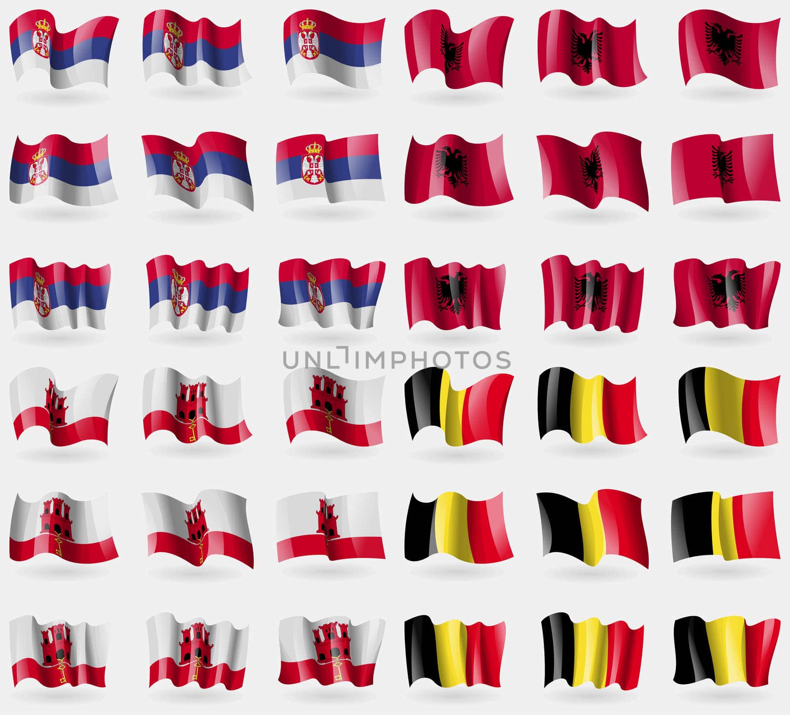 Serbia, Albania, Gibraltar, Belgium. Set of 36 flags of the countries of the world. illustration
