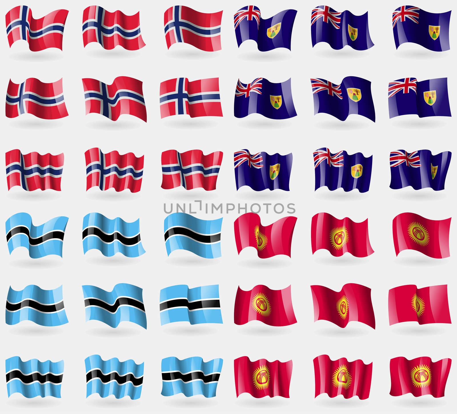Norway, Turks and Caicos, Botswana, Kyrgyzstan. Set of 36 flags of the countries of the world. illustration