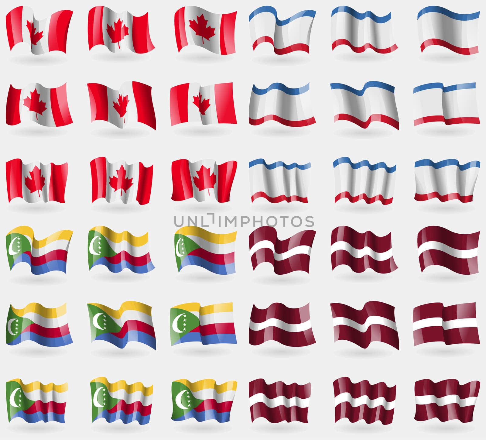 Canada, Crimea, Comoros, Latvia. Set of 36 flags of the countries of the world.  by serhii_lohvyniuk