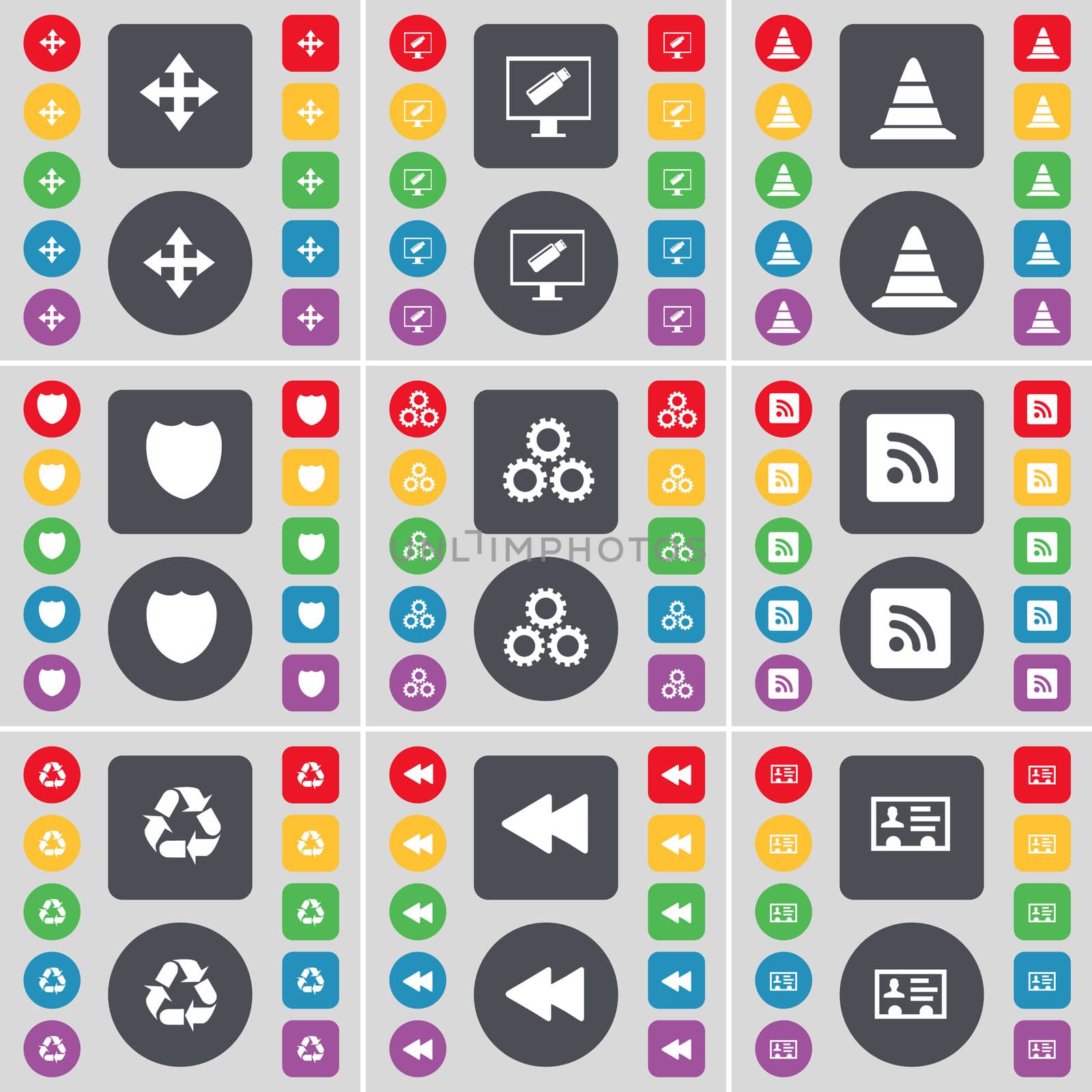 Moving, Monitor, Cone, Badge, Gear, RSS, Recycling, Rewind, Contact icon symbol. A large set of flat, colored buttons for your design. illustration