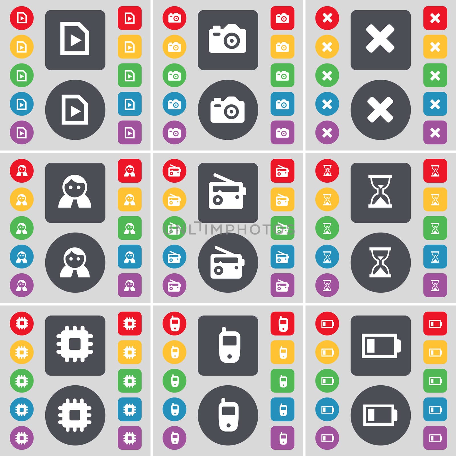 Media file, Camera, Stop, Avatar, Radio, Hourglass, Processor, Mobile phone, Battery icon symbol. A large set of flat, colored buttons for your design. illustration