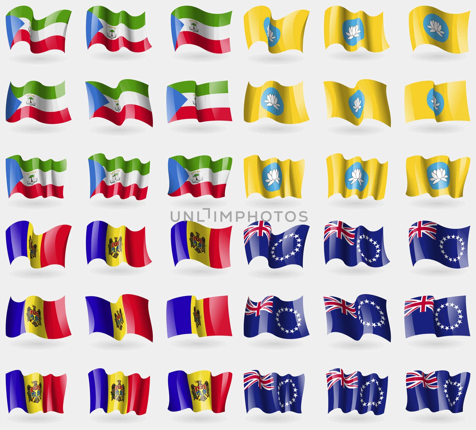Equatorial Guinea, Kamykia, Moldova, Cook Islands. Set of 36 flags of the countries of the world. illustration