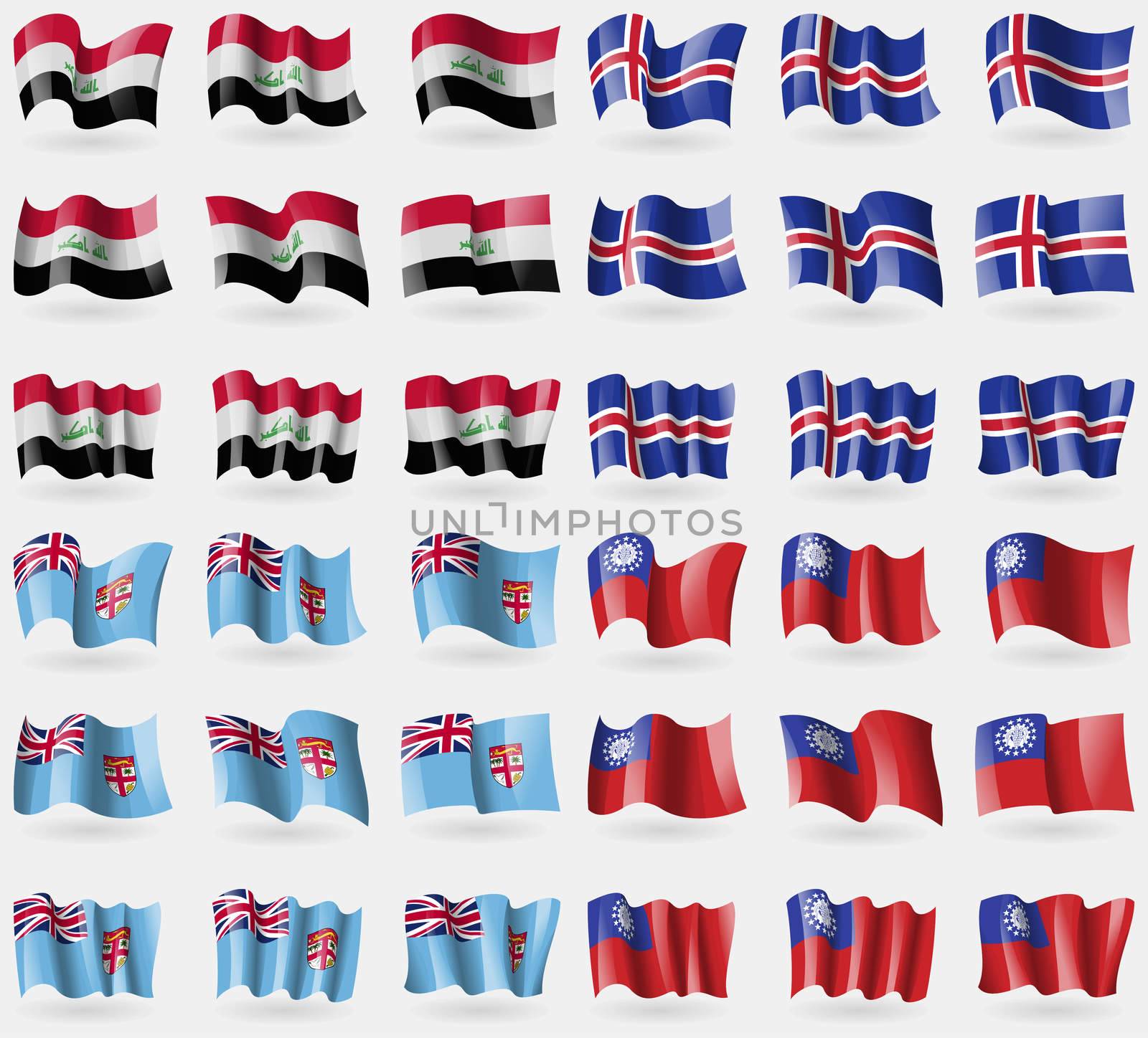 Iraq, Iceland, Fiji, MyanmarBurma. Set of 36 flags of the countries of the world.  by serhii_lohvyniuk
