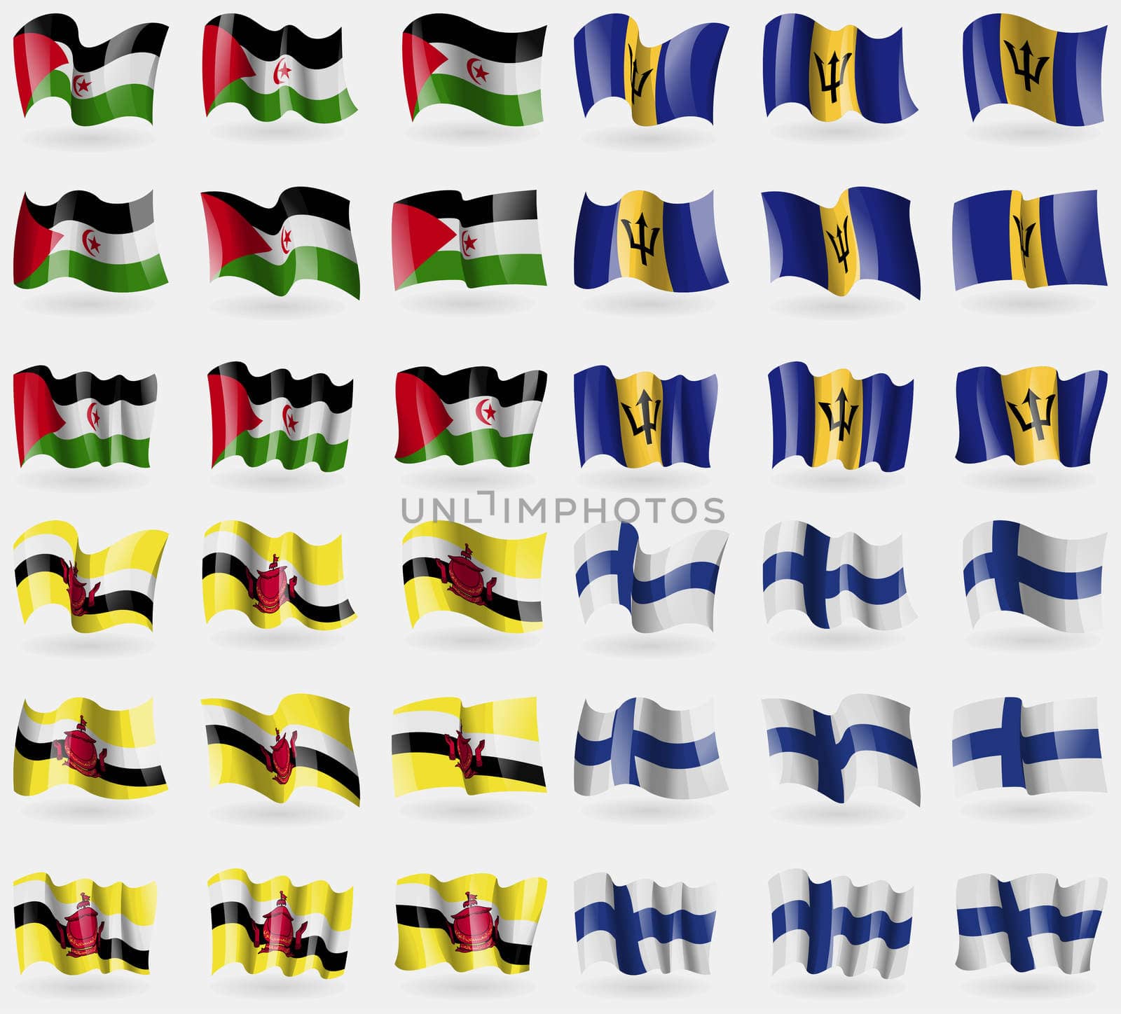 Western Sahara, Barbados, Brunei, Finland. Set of 36 flags of the countries of the world.  by serhii_lohvyniuk