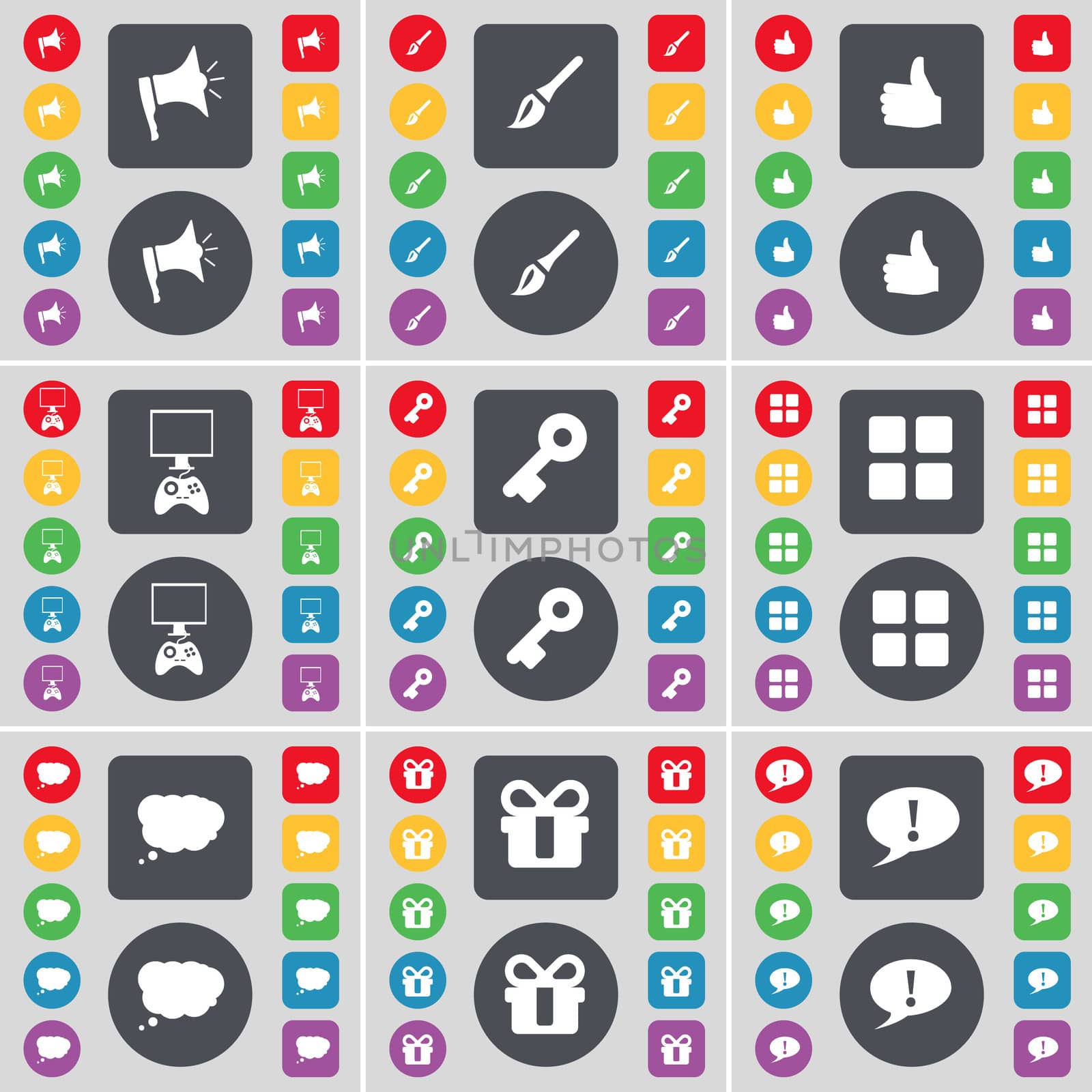 Megaphone, Brush, Like, Game console, Key, Apps, Chat cloud, Gift, Chat bubble icon symbol. A large set of flat, colored buttons for your design.  by serhii_lohvyniuk