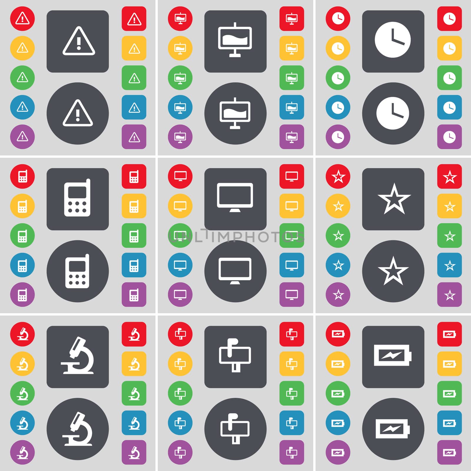 Warning, Graph, Clock, Mobile phone, Monitor, Star, Microscope, Mailbox, Charging icon symbol. A large set of flat, colored buttons for your design. illustration