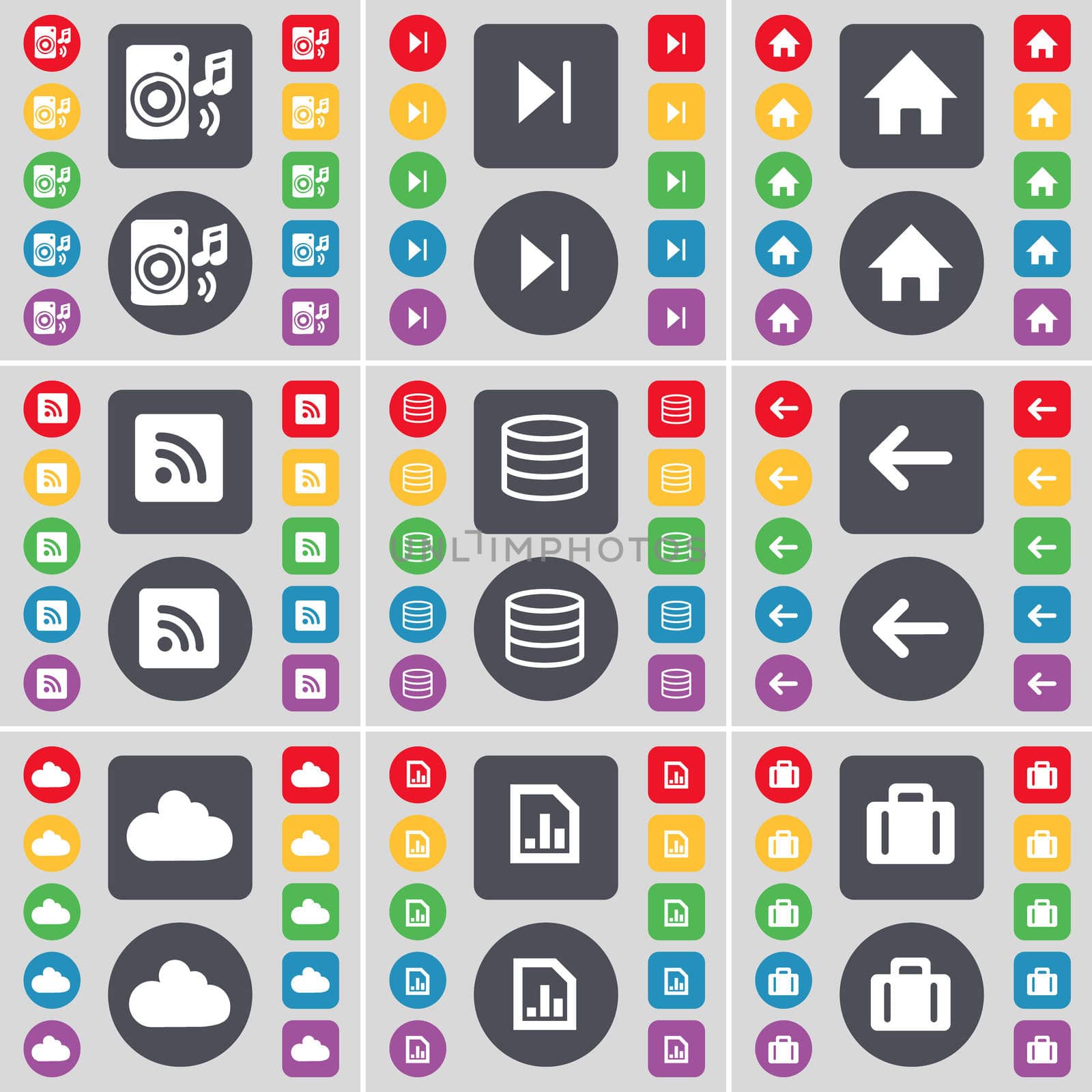 Speaker, Media skip, House, RSS, Database, Arrow left, Cloud, Diagram file, Suitcase icon symbol. A large set of flat, colored buttons for your design. illustration