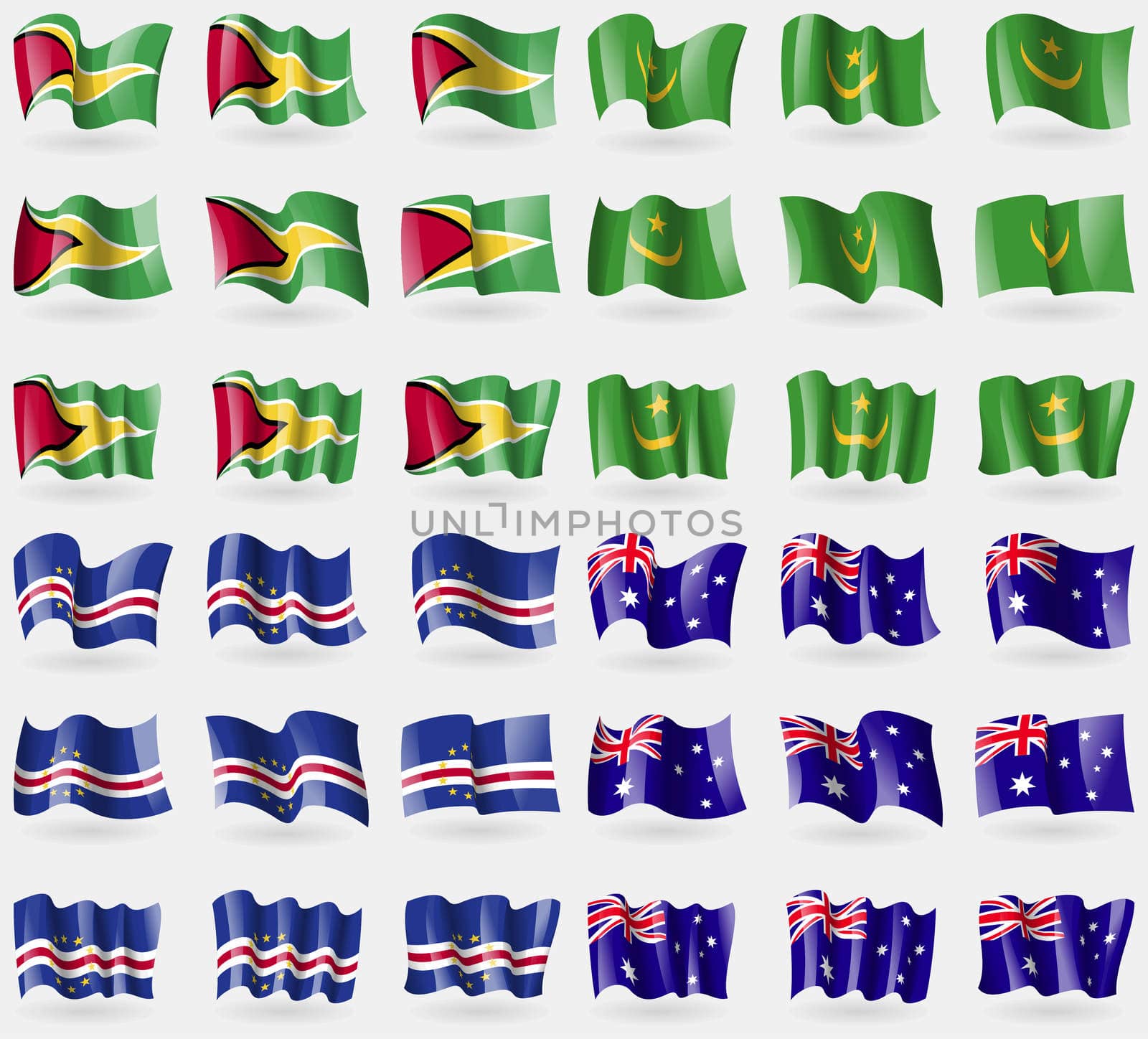Guyana, Mauritania, Cape Verde, Australia. Set of 36 flags of the countries of the world.  by serhii_lohvyniuk