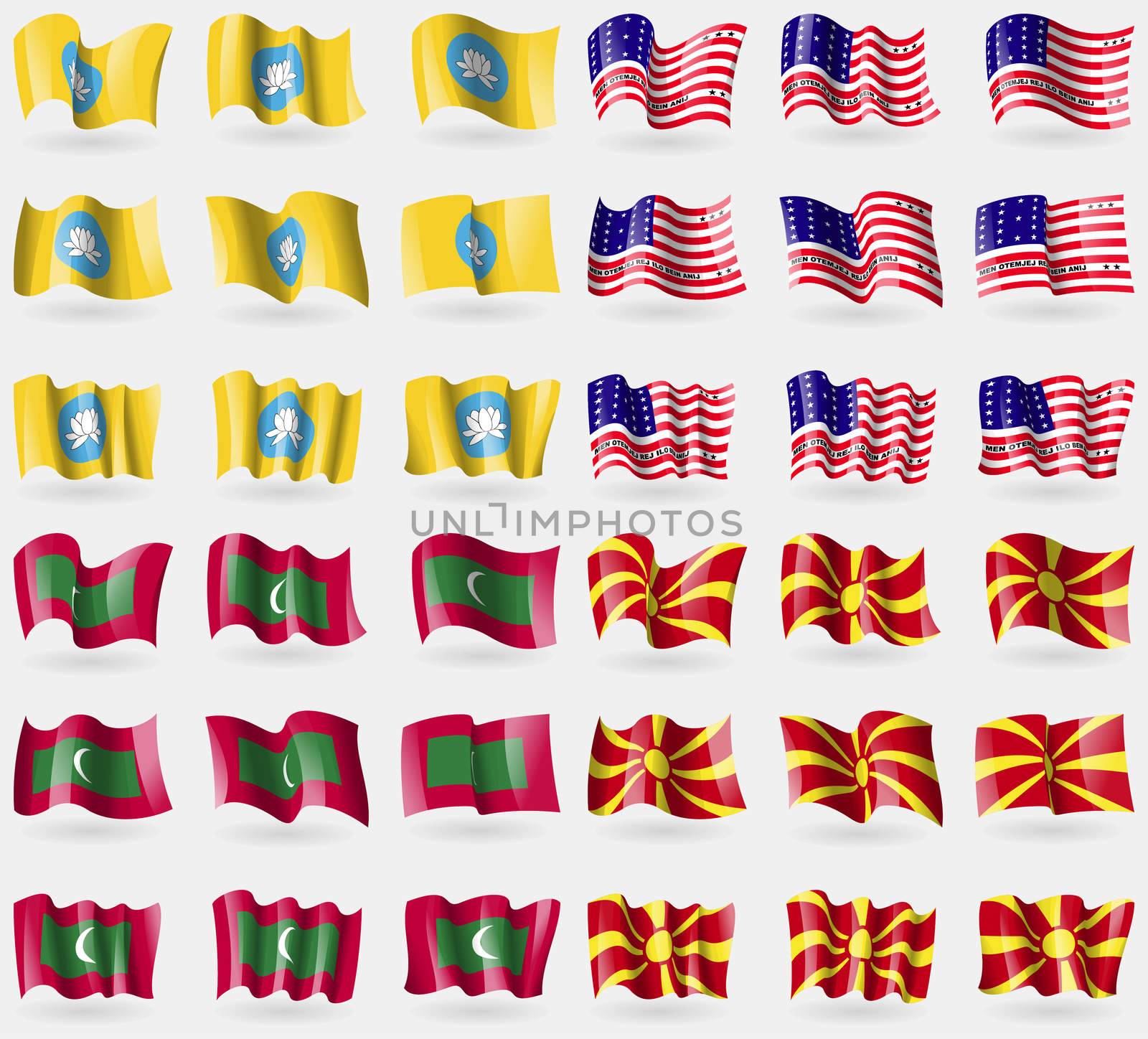 Kalmykia, Bikini Atoll, Maldives, Macedonia. Set of 36 flags of the countries of the world. illustration