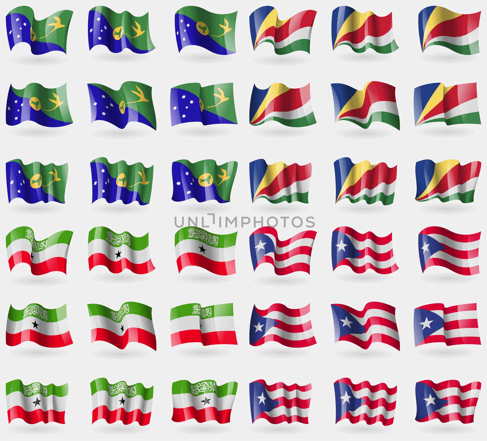 Christmas Island, Seychelles, Somaliland, Puerto Rico. Set of 36 flags of the countries of the world. illustration