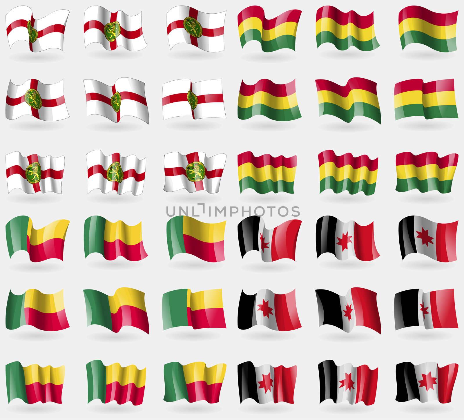 Alderney, Bolivia, Benin, Udmurtia. Set of 36 flags of the countries of the world. illustration