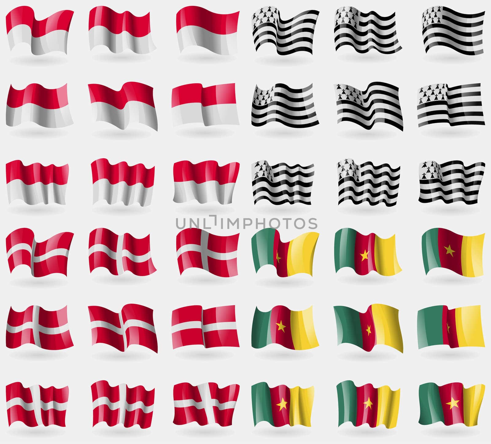 Monaco, Brittany, Military Order Malta, Cameroon. Set of 36 flags of the countries of the world. illustration