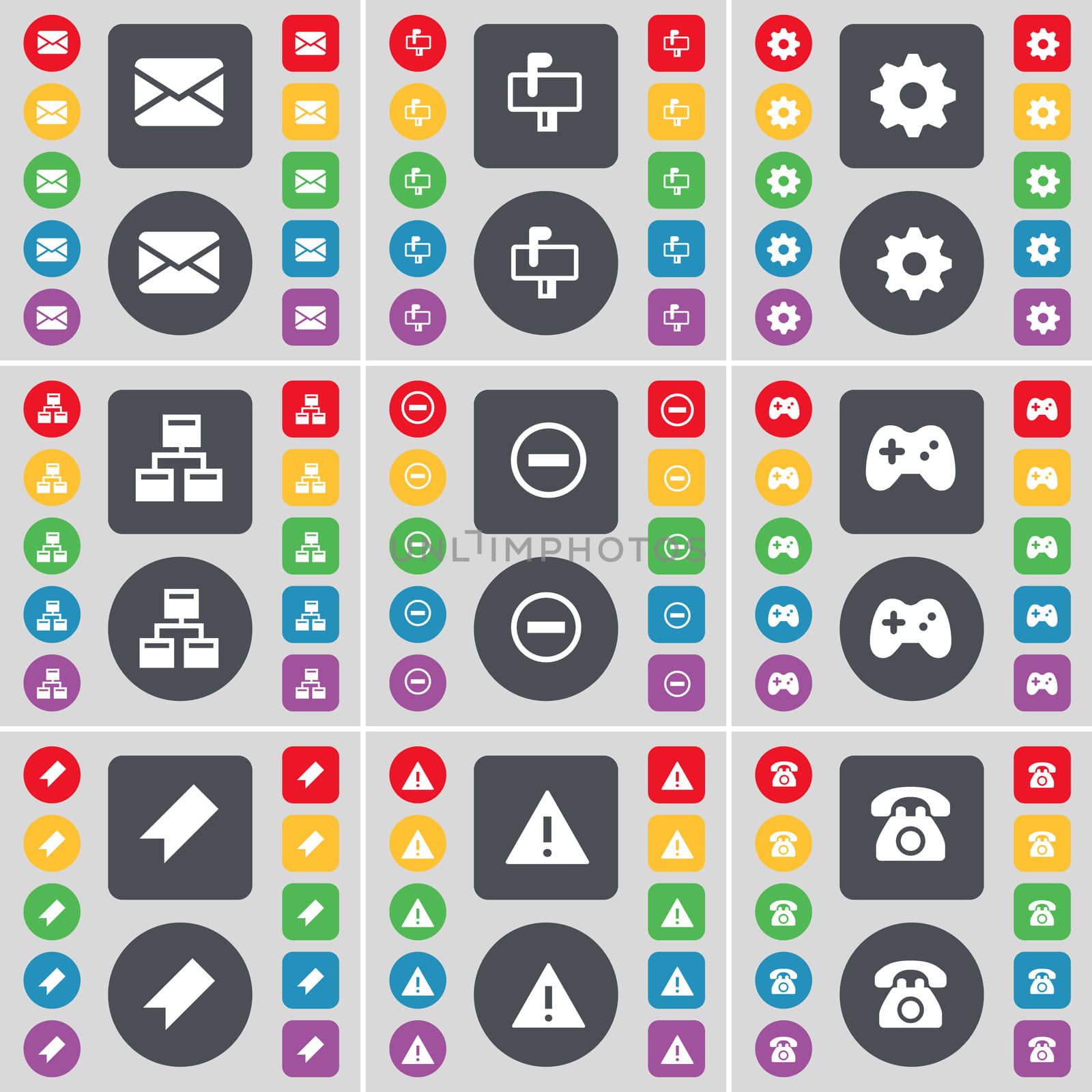 Message, Mailbox, Gear, Network, Minus, Gamepad, Marker, Warning, Retro phone icon symbol. A large set of flat, colored buttons for your design.  by serhii_lohvyniuk