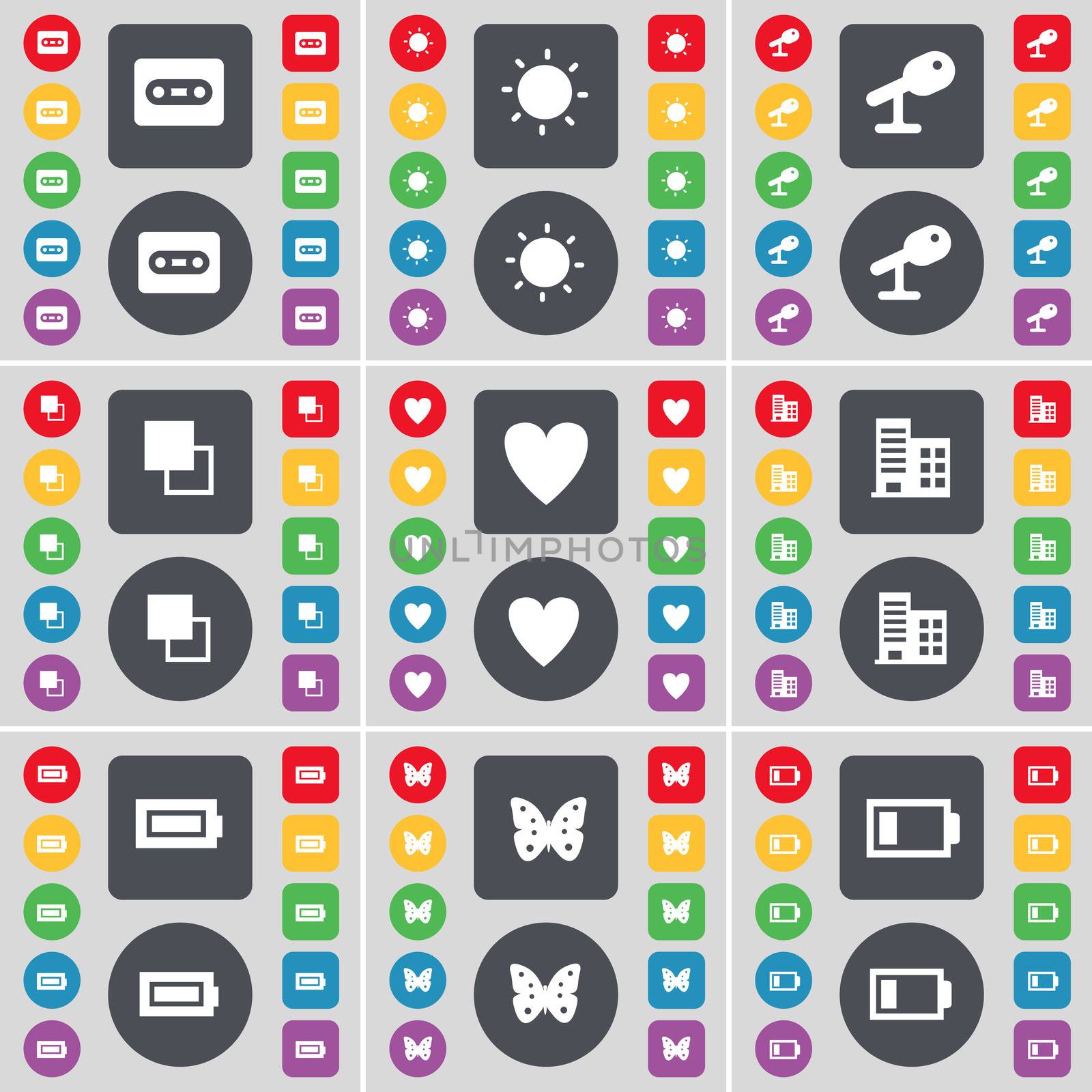 Cassette, Light, Microphone, Copy, Heart, Building, Battery, Butterfly icon symbol. A large set of flat, colored buttons for your design. illustration