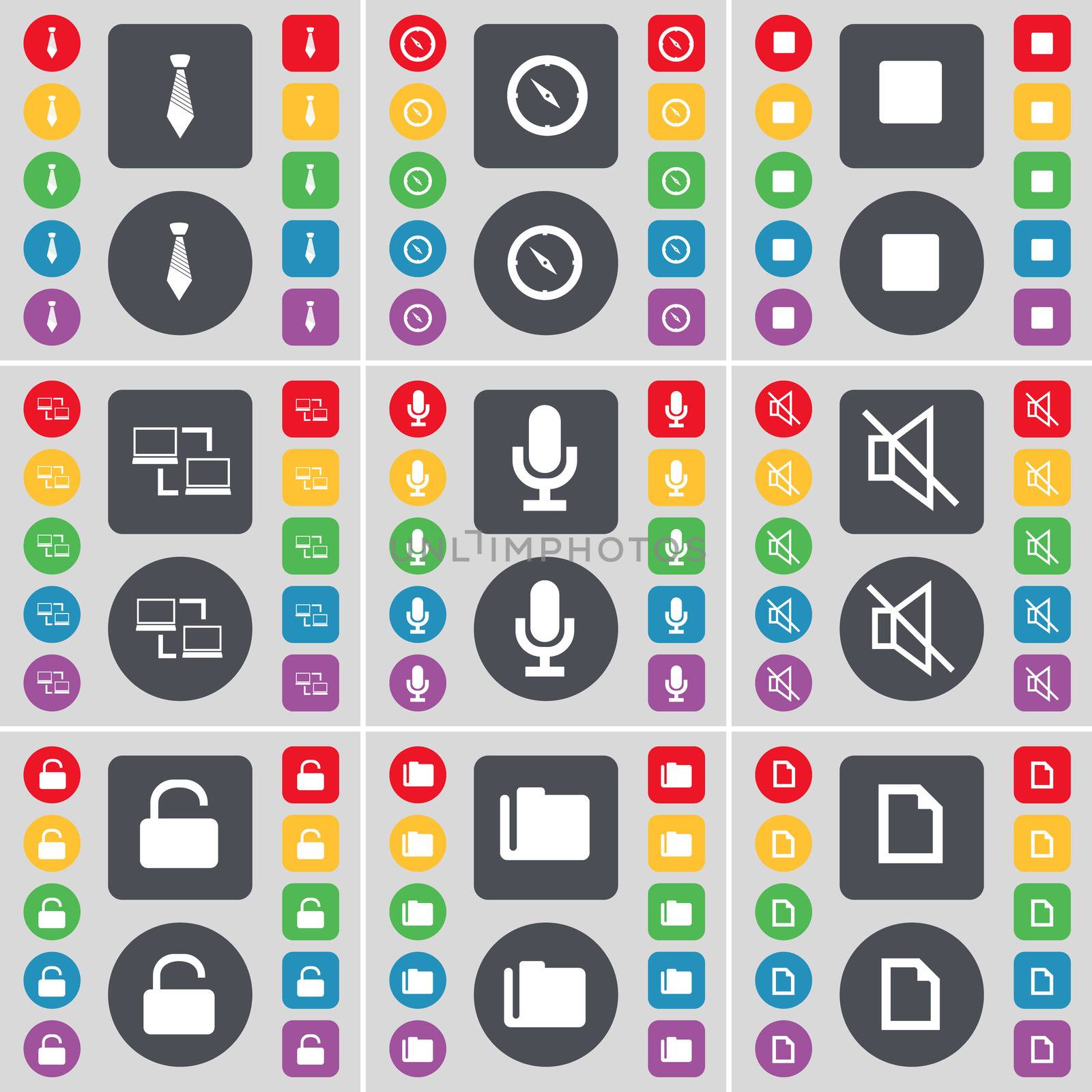 Tie, Compass, Media stop, Connection, Microphone, Mute, Lock, Folder, File icon symbol. A large set of flat, colored buttons for your design. illustration