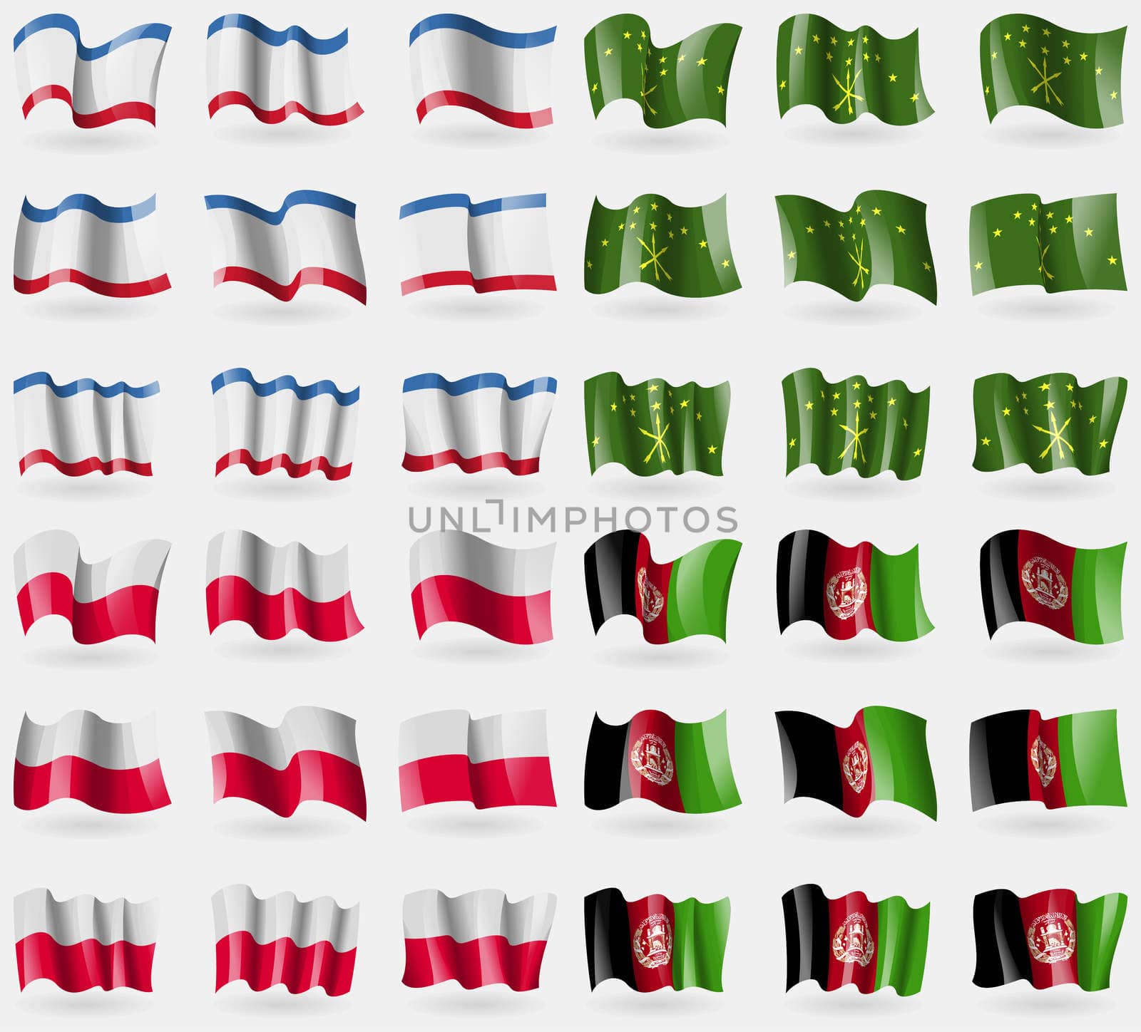 Crimea, Adygea, Poland, Afghanistan. Set of 36 flags of the countries of the world. illustration