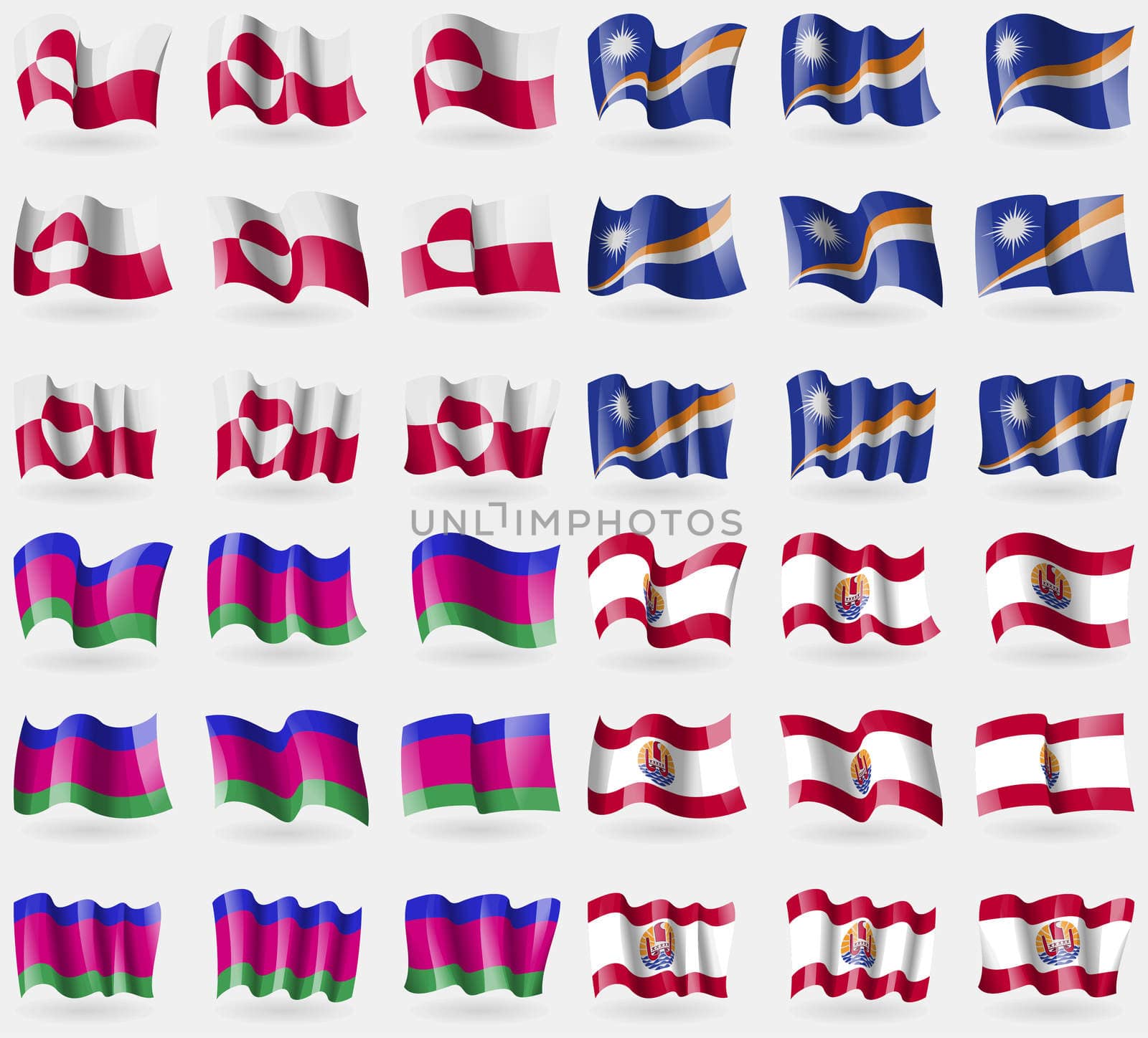 Greenland, Marshall Islands, Kuban Republic, French Polynesia. Set of 36 flags of the countries of the world. illustration
