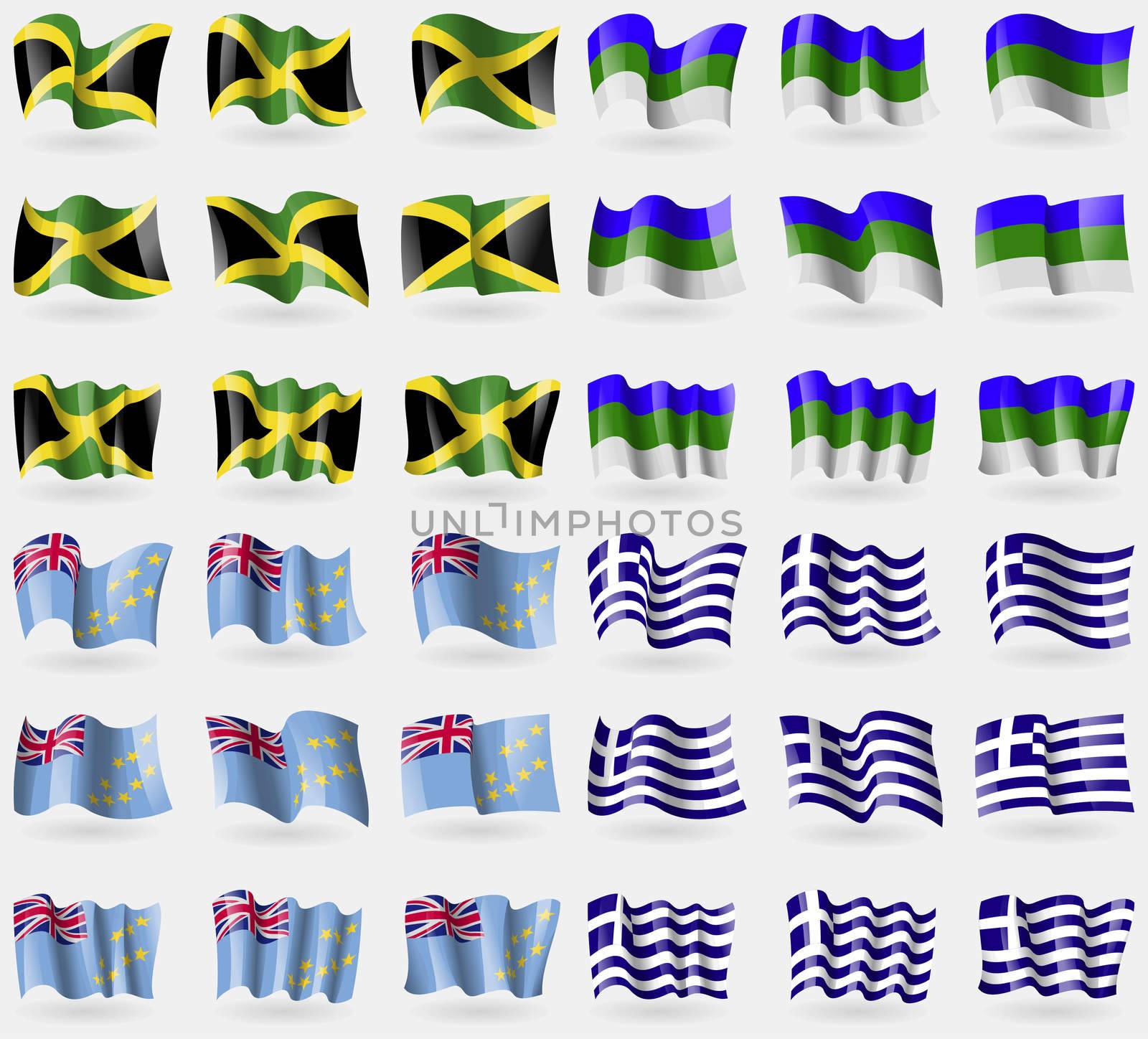 Jamaica, Komi, Tuvalu, Greece. Set of 36 flags of the countries of the world. illustration
